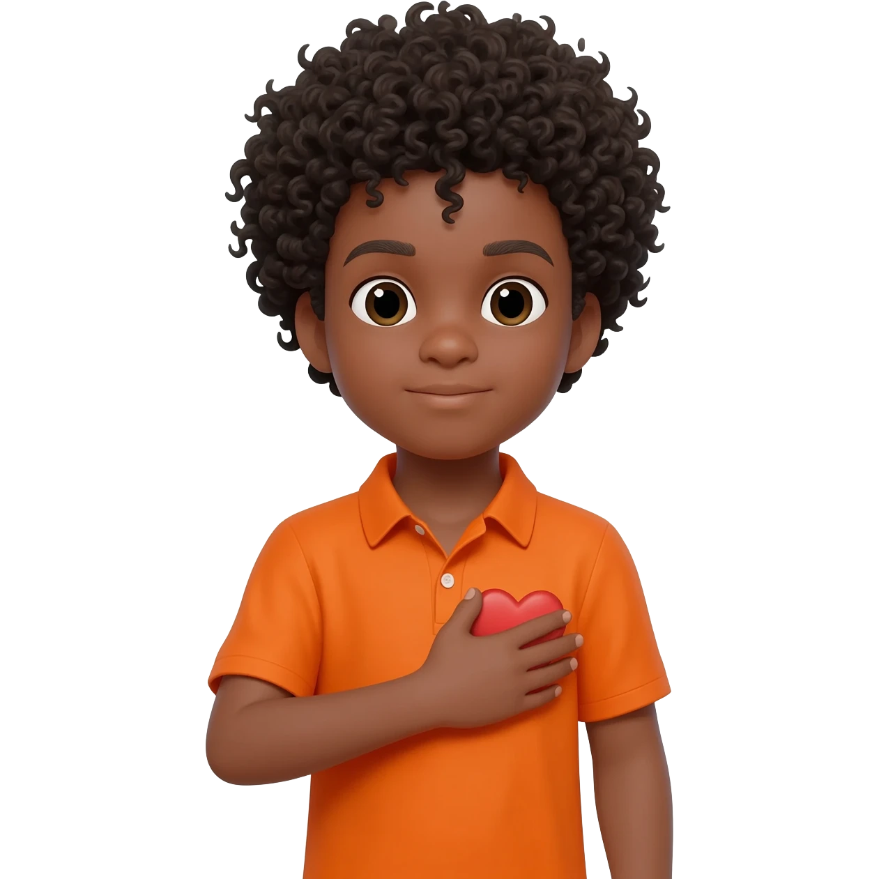black boy curly hair orange shirt hand on heart emoji