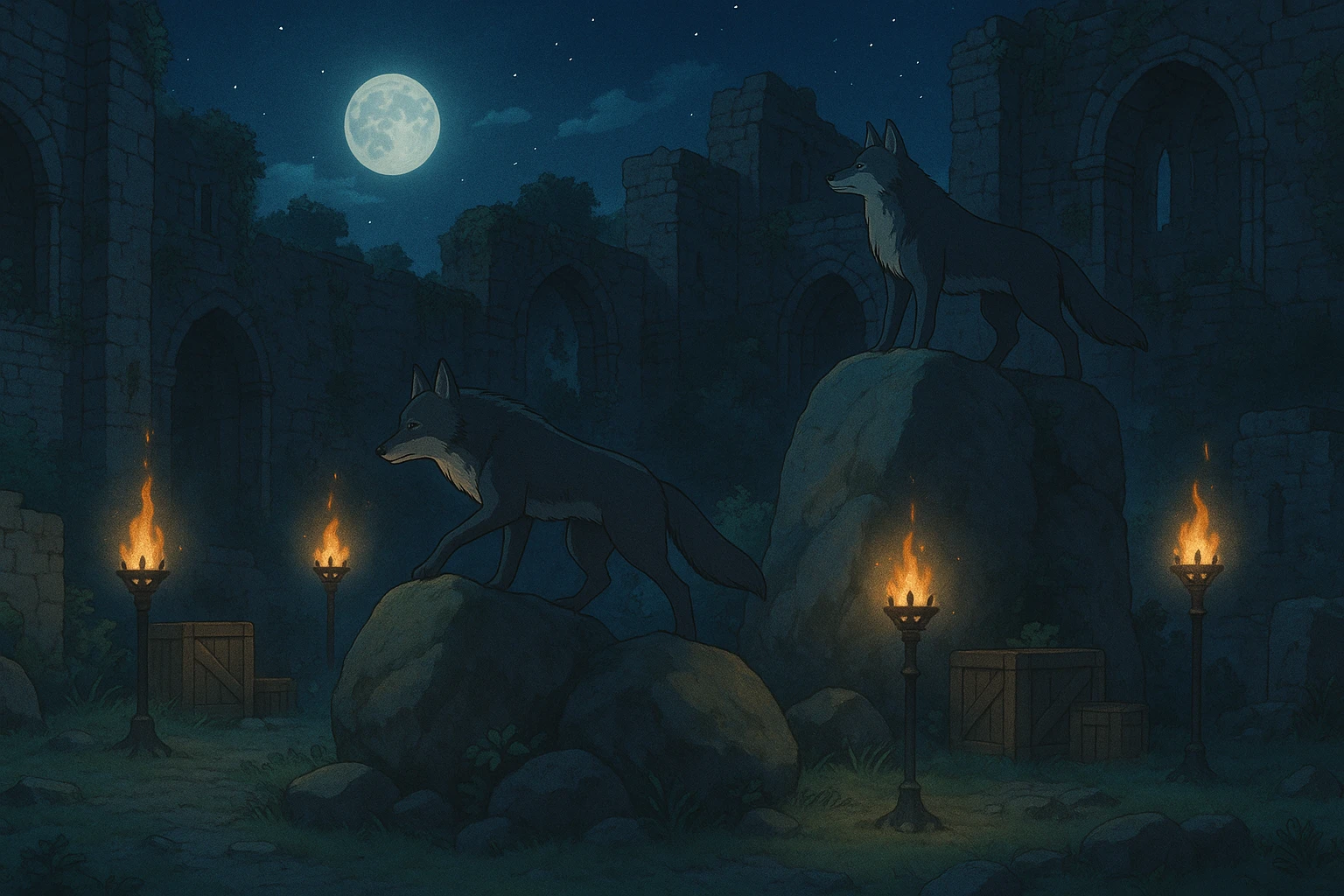 midnight within the ruins of abandoned castle yard, protrude boulders with climbing wolves, amid iron torches and crates tucked behind emoji