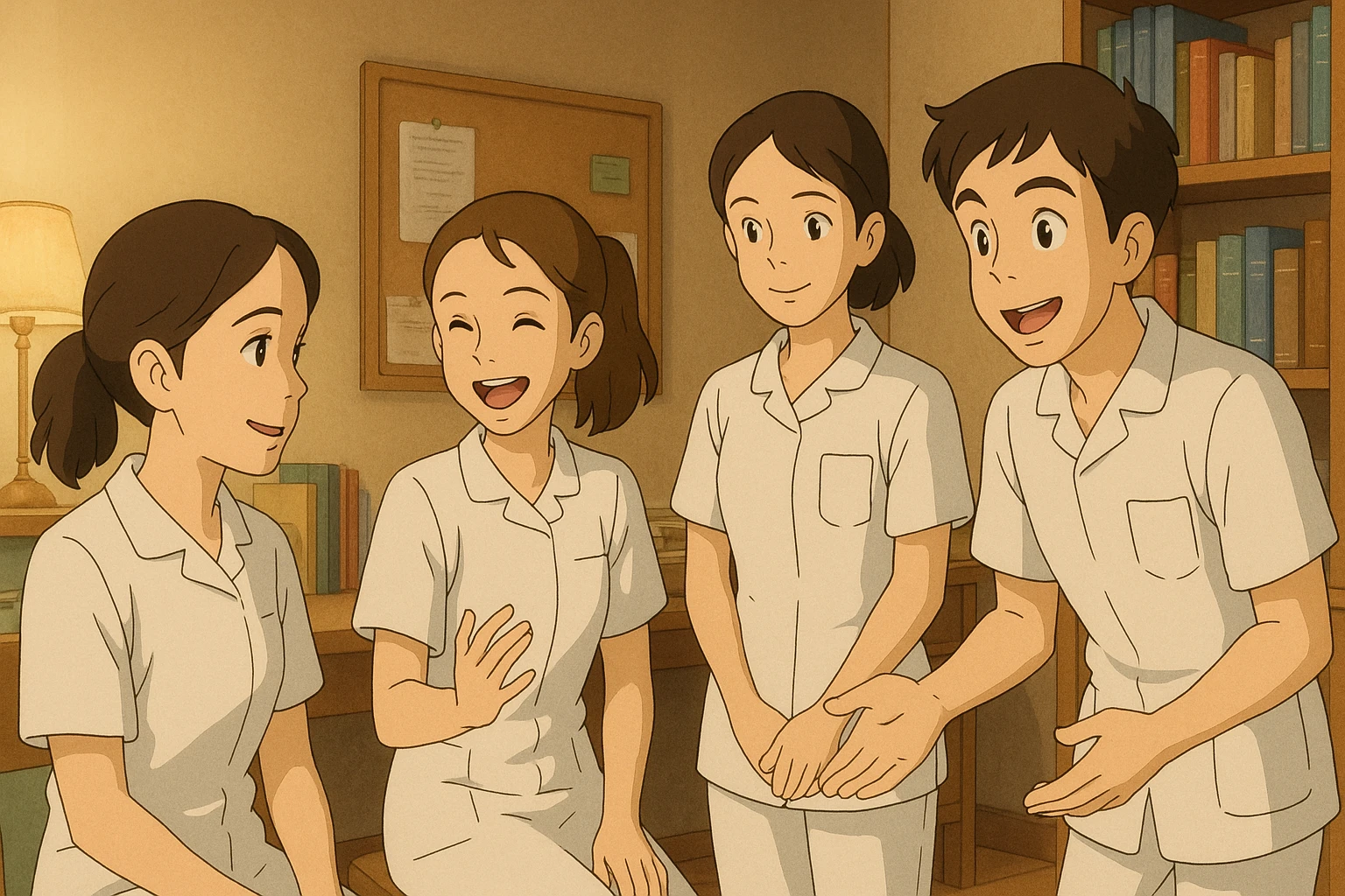 Scène intérieure Ghibli : quatre étudiants infirmiers en interaction, tenues blanches à manches courtes, tuniques col en V, poche poitrine à gauche, avant-bras nus, pas de pied de col ni stéthoscopes, cheveux longs attachés pour celles qui en ont. Visages inspirés des quatre photos jointes. emoji