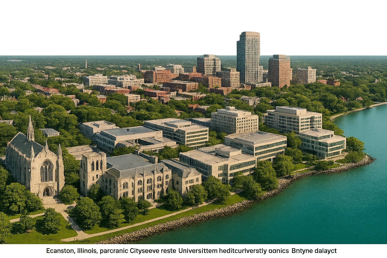 cinematic realistic emoji of Evanston, Illinois, panoramic cityscape with Northwestern University campus, Lake Michigan, downtown Evanston, iconic university buildings, lifelike detail, accurate colors, bright daylight, no sky, no clouds, transparent background emoji