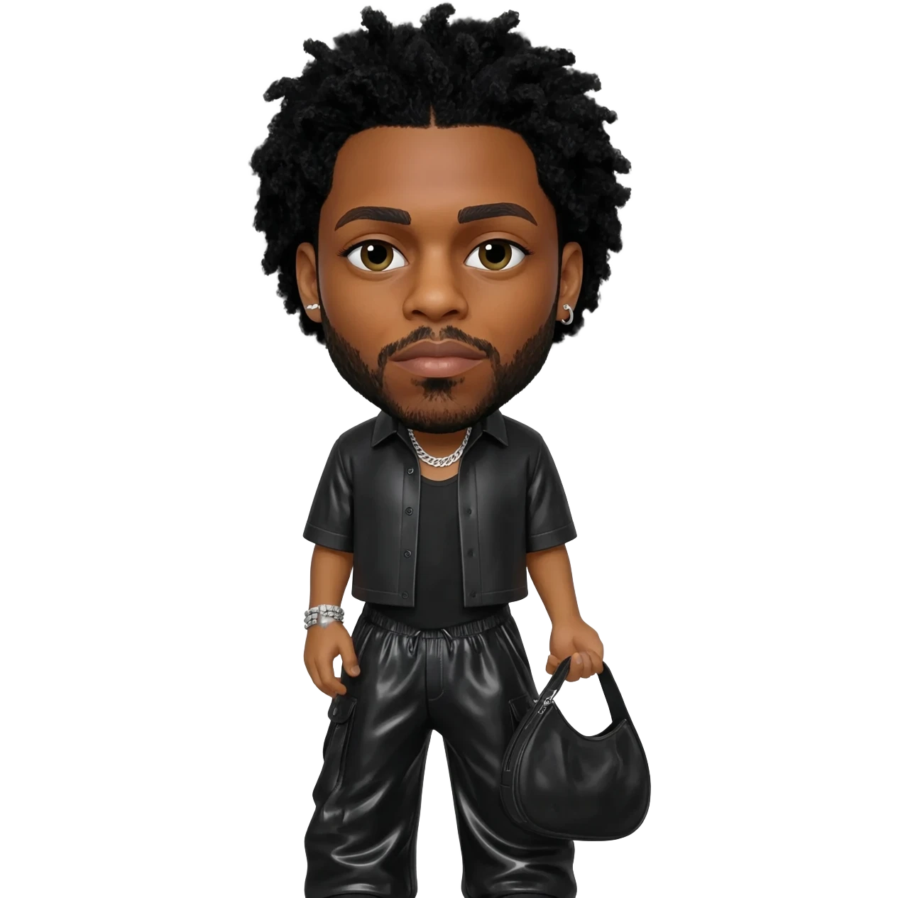The Weeknd with black hair, black metallic shirt, black metallic baggy pants, silver necklace emoji