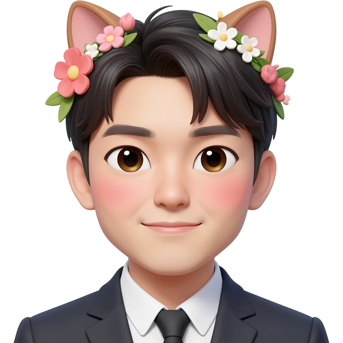 Gorgeous romantic anime style Asian formal modern shojo guy with cat ears and flowers and blushing face aesthetic trending style outside emoji