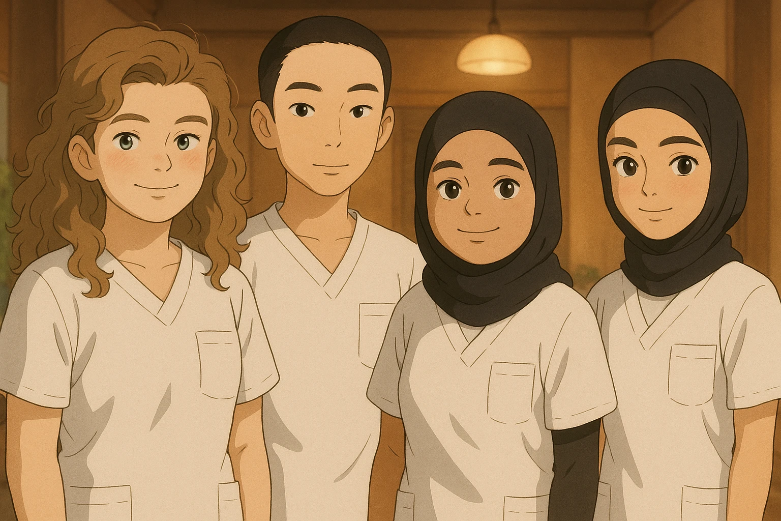 Four nursing students standing side by side in a warm indoor ambiance, wearing white short-sleeved uniform tops without collars or undershirts, forearms bare, no stethoscopes. The tops are medical tunics with V-necks and a chest pocket on the left side, in Ghibli style. emoji