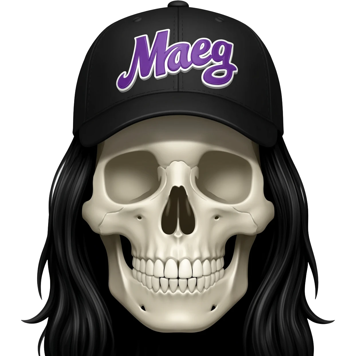 Create a skeleton head wearing a black baseball cap that says " Maeg " in purple, and white lettering, with long black hair emoji