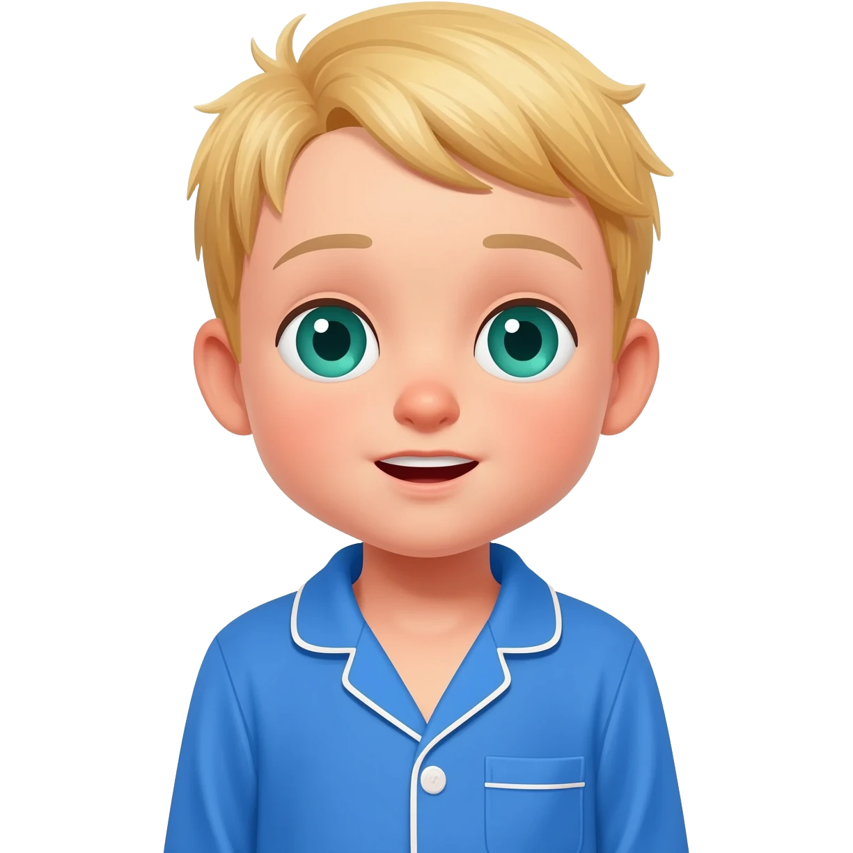 Create an emoji of the same blonde 3 year old as the first one you did. happy boy with blue-greenish eyes with blue pajamas on saying a bible verse emoji