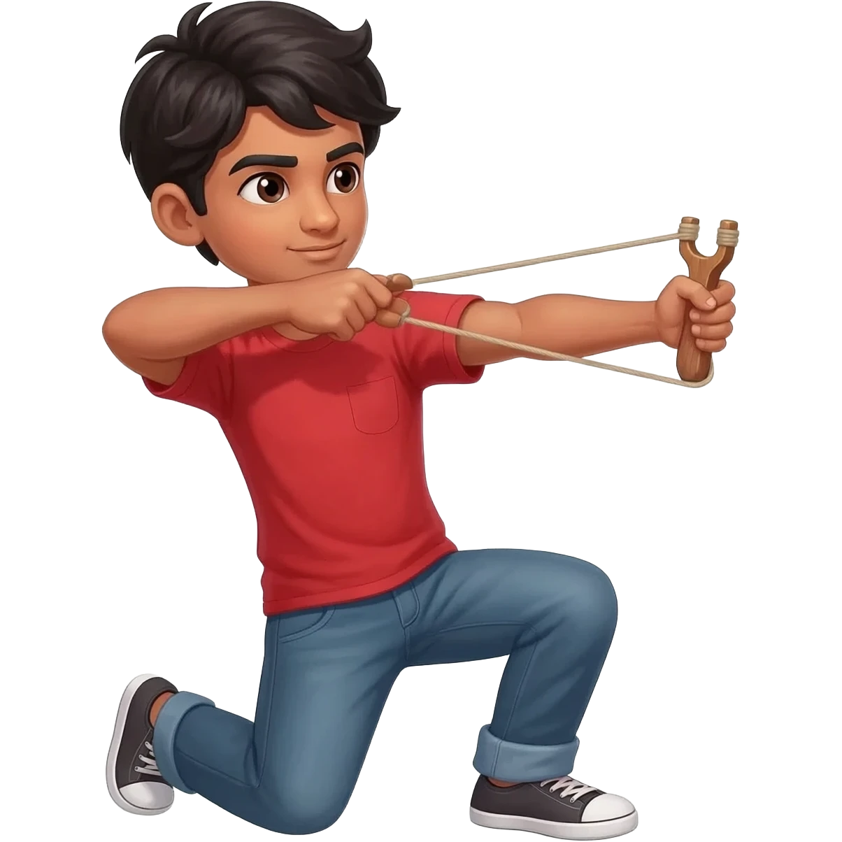 indian slightly muscle build boy wearing red tshirt and on his one knee stretching slingshot to shoot emoji