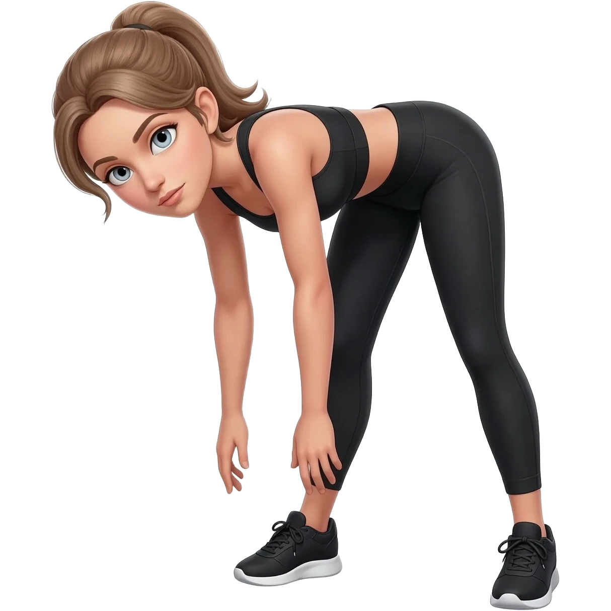 standing side bend, fair-skinned woman, light gray-blue eyes, ash brown brows, ash light brown hair tied back, slim athletic body, black workout set, black sneakers with white soles emoji