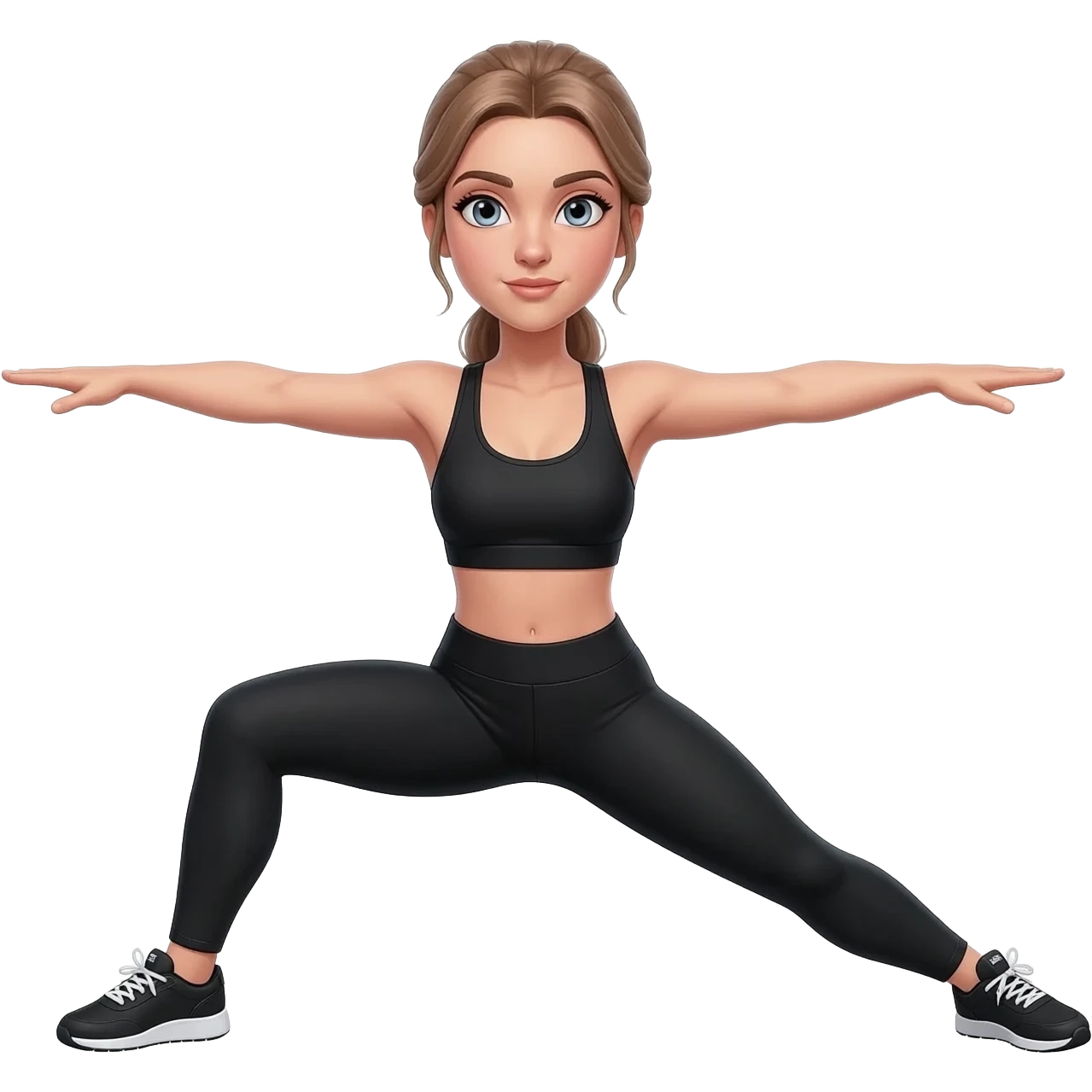 wide stretch touching arms and legs, full body warm-up, fair-skinned woman, gray-blue eyes, ash brown brows, ash light brown hair tied back, slim athletic body, black workout set, black sneakers with white soles emoji