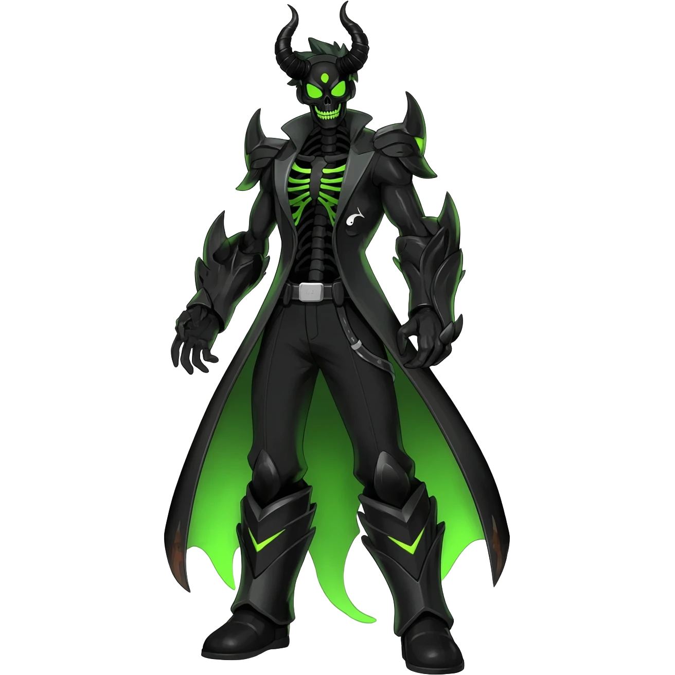 Horned Evil Cool Handsome Badass Edgy Obsidian-black and neon-glowing-green skeletal Meloetta-Salandit-Gorebyss-Zygarde-Pokémon-Fakémon-creature-fusion-hybrid emoji