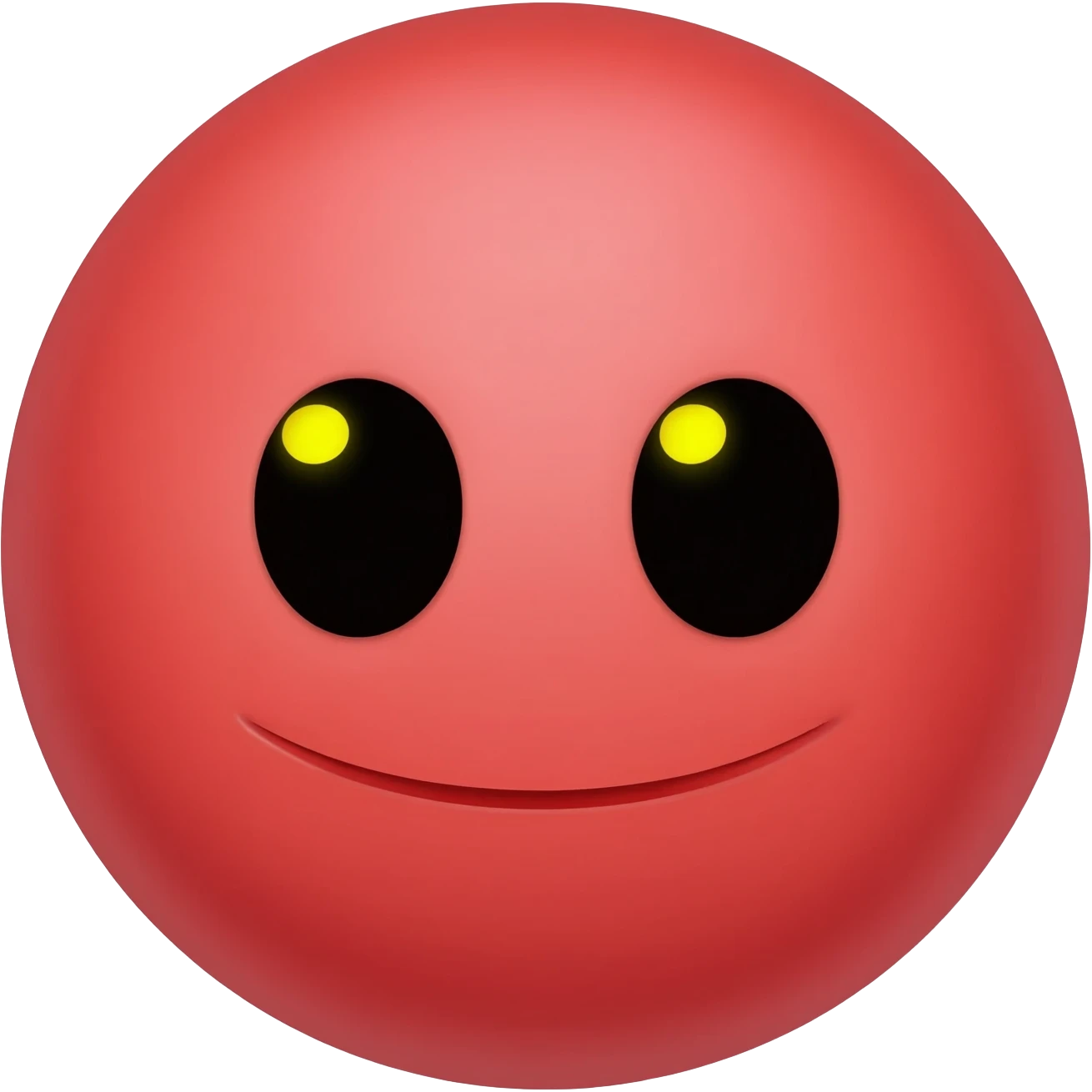 Red circle which has no eyebrows is smiling and has horns and has black eyes with yellow purpis emoji