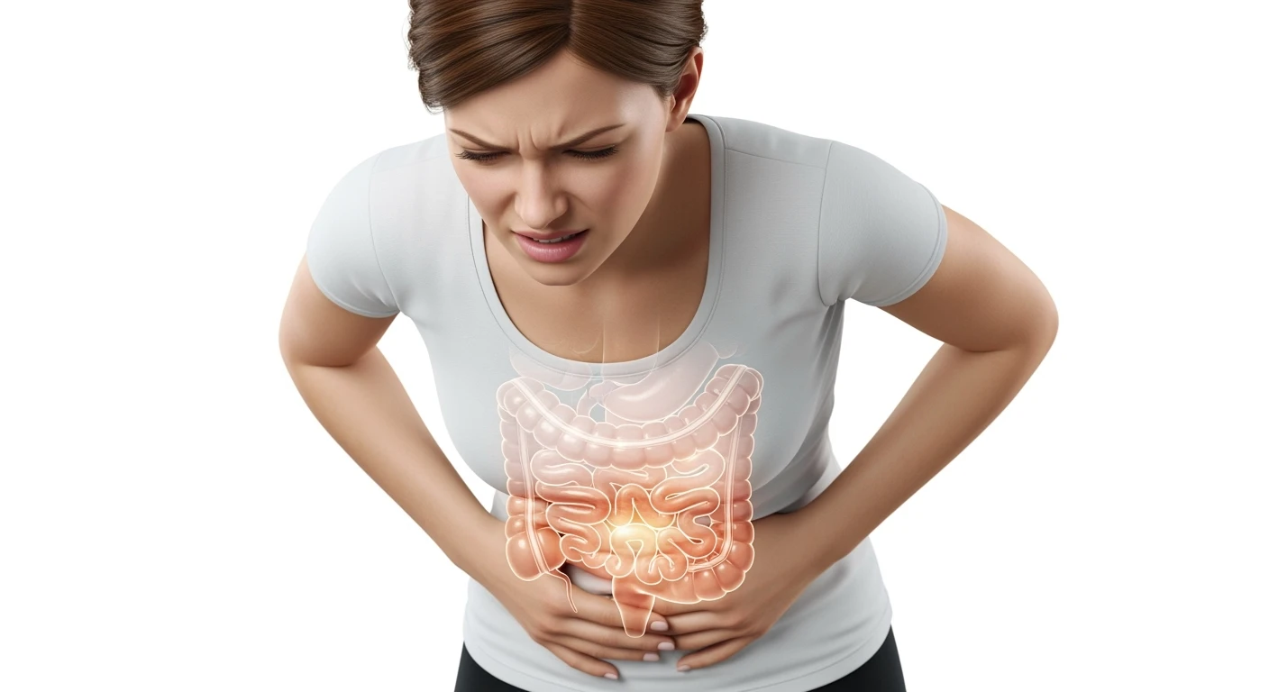 donna piegata in avanti frontalmente con mal di pancia, espressione di dolore in volto in primo piano e intestino anatomico in evidenza, iperrealistico 4k, sfondo bianco emoji