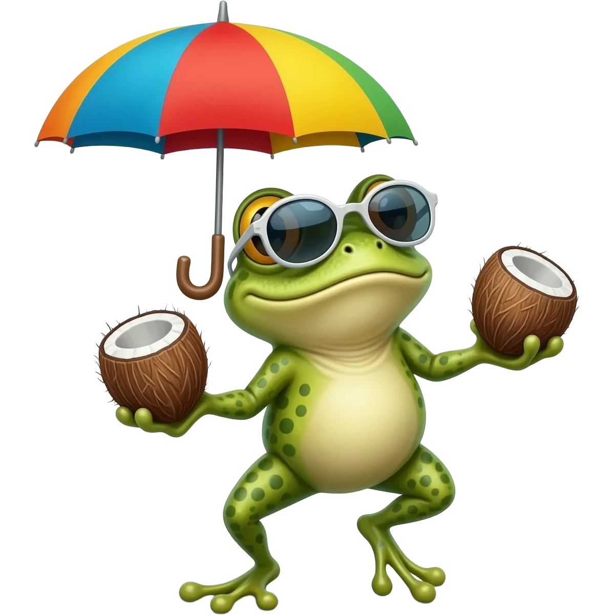 Bufo frog in a dancing pose, with colorful umbrella hat, oversized sunglasses, holding two coconuts emoji