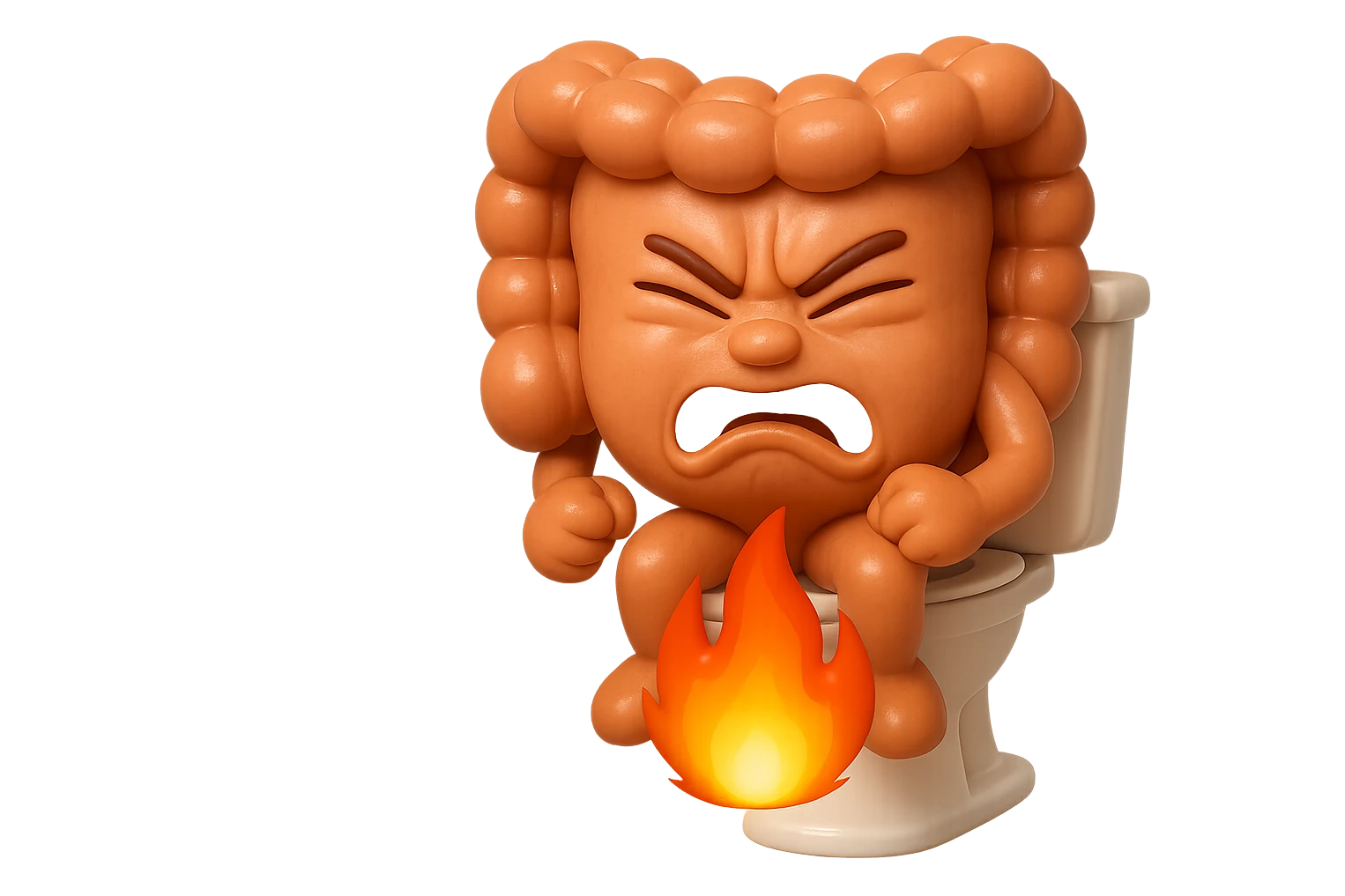 SU QUESTO STILE FAI UN EMOJI STILE IPHONE 3D DI UN INTESTINO CHE sta seduto sul wc e dal wc in mezzo alle sue gambe esce una fiamma stile emoji iphone, FAGLI UN ESPRESSIONE di dolore mentre si sforza E FALLO MOLTO REALISTICO IN 3D emoji