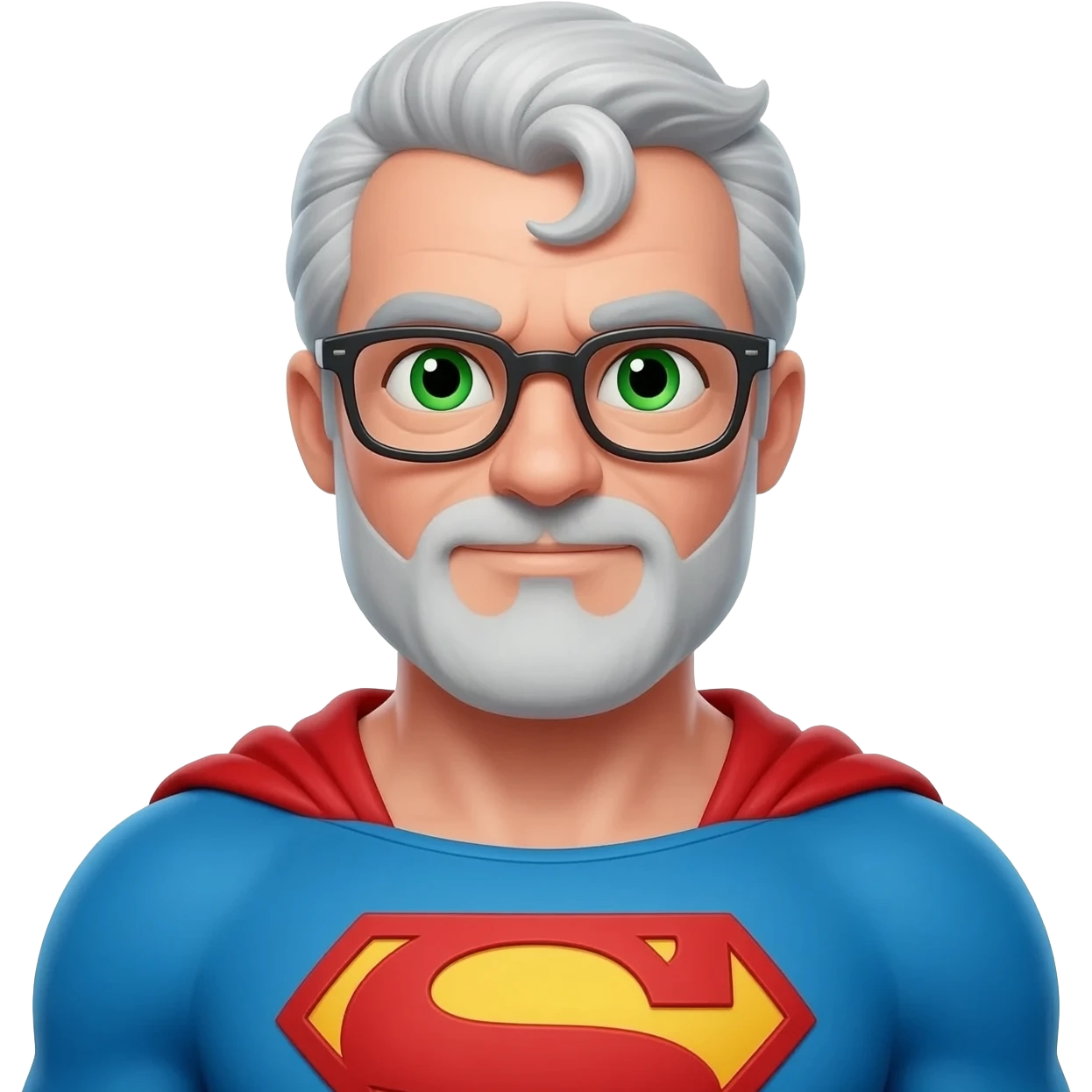 gray hair, no beard, glasses, green eyes, superman stance and outfit emoji
