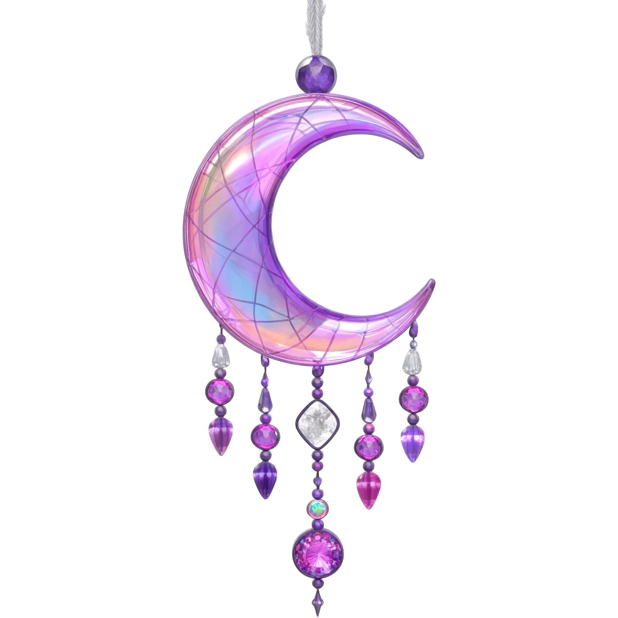 Iridescent shiny transparent pastel purple-pink-indigo-violet crescent-moon-Dreamcatcher hanging from a thread, with gemstones, and beads emoji