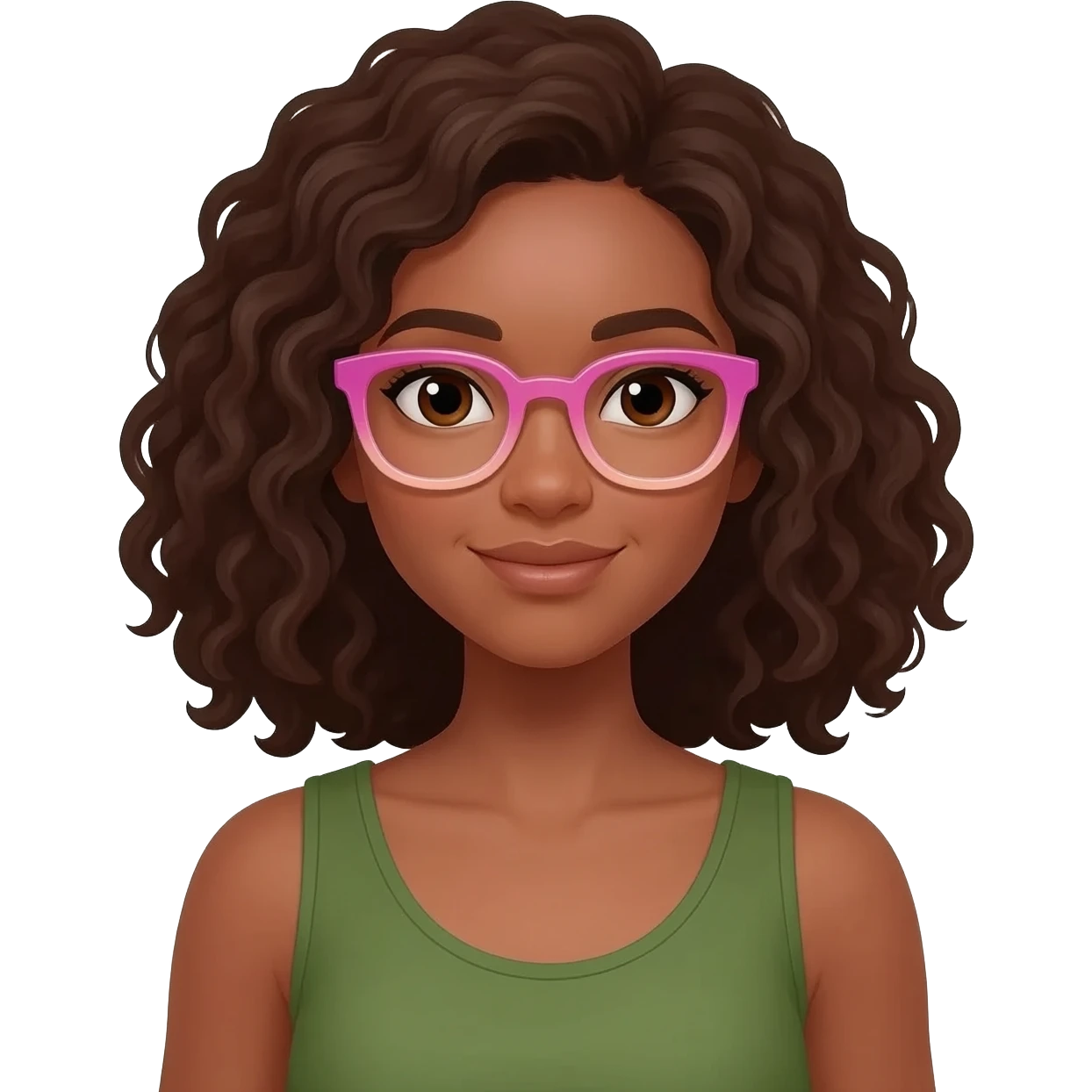 Chica con tono de piel canela de cabello rizado a los hombros con top verde olivo escotado sin mangas y con lentes graduales rosas emoji