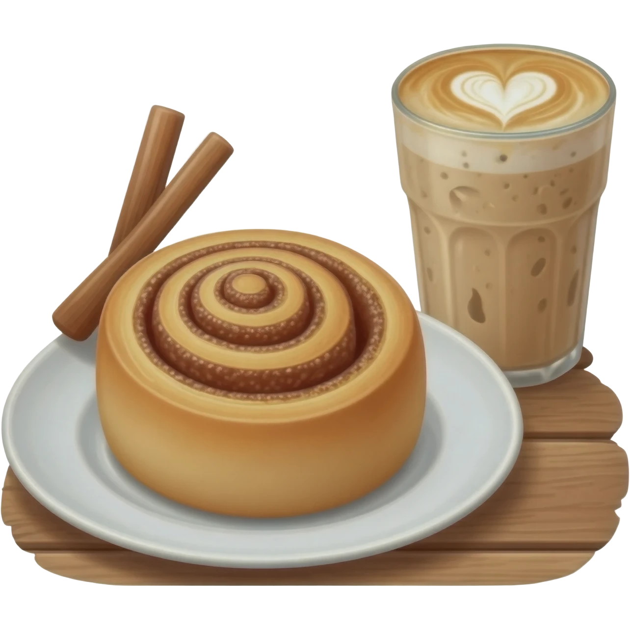 Rol de canela en un plato con un frappe capuccino encima de una mesa emoji
