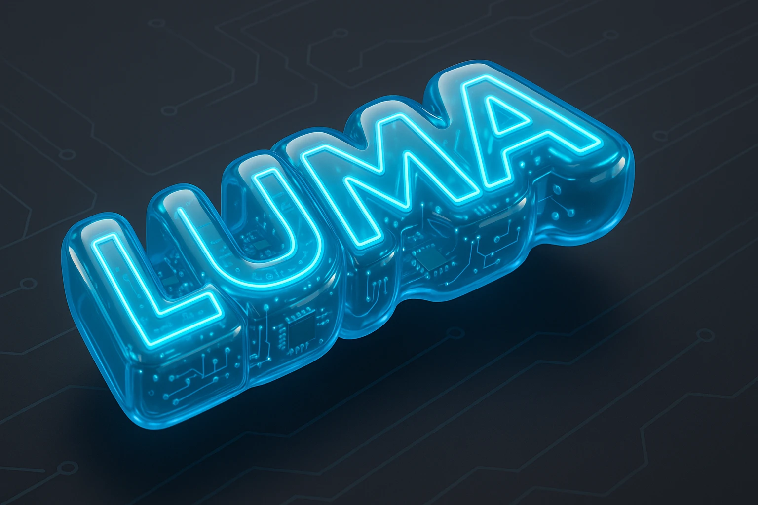 banner design for the word 'Luma' in a Tron-inspired style, featuring a large, bold, highly legible geometric font with neon blue outline and strong glow, set against a dark grey background with circuit-like lines, wide aspect ratio, futuristic digital look emoji