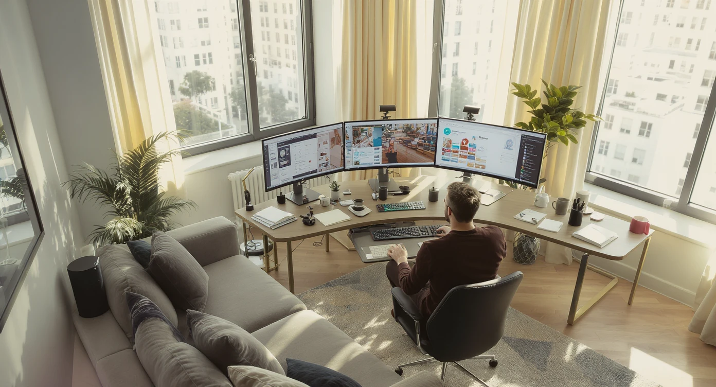 Cinematic shot of a creative director work on tripple display setup PC, top dutch angle, Warm bright vibe, modern clean expensive huge room minimalistic apartament, model is dress like designer, morning, big window, advertising vibe, captured on arri alexa emoji