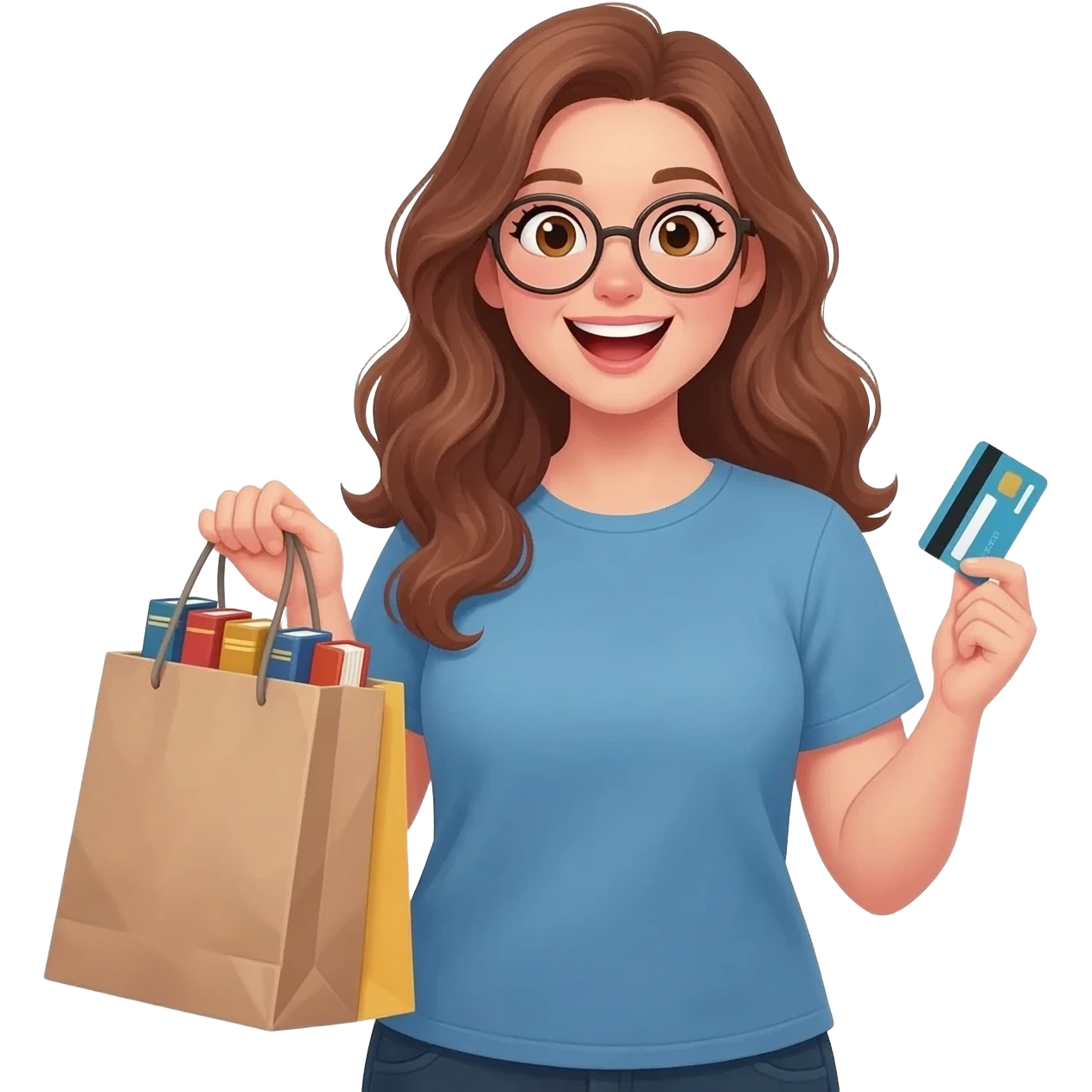 detailed emoji illustration of a curvy woman with long light chestnut brown wavy hair, light brown eyes and round glasses holding a big shopping bag of books with a credit card in her hand, excited book lover expression, cute emoji style illustration emoji