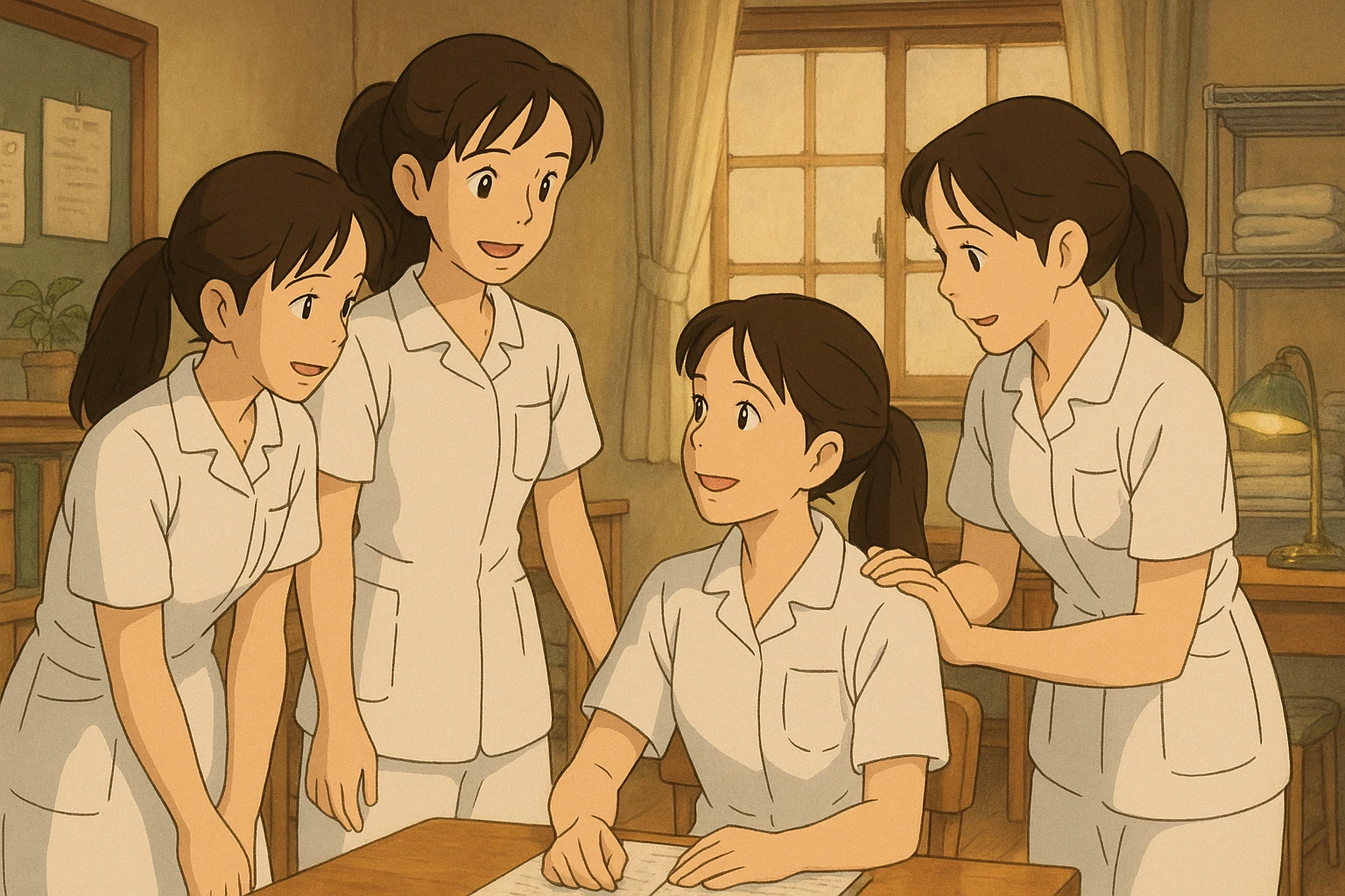 Scène intérieure Ghibli : quatre étudiants infirmiers en interaction, tenues blanches à manches courtes, tuniques col en V avec poche poitrine à gauche, avant-bras nus, sans stéthoscopes ni pied de col, cheveux longs attachés. Collaboration visible, ambiance bienveillante. emoji