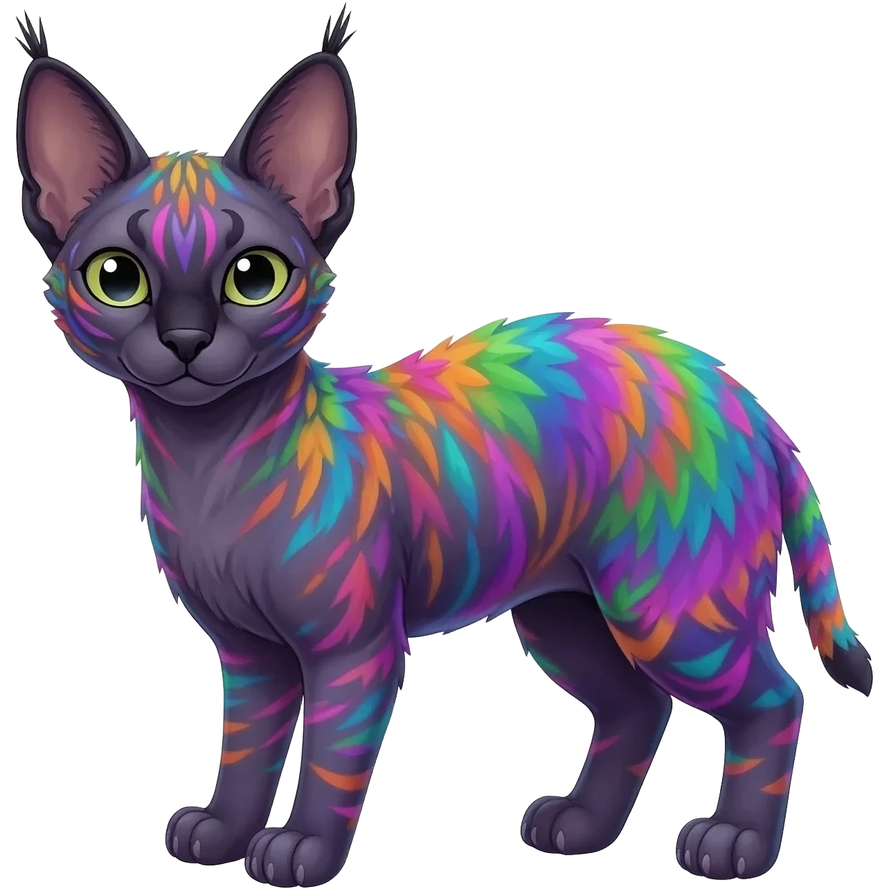 A Colorful iridescent exotic tropical tribal cute happy realistic esoteric patterned fluffy furry dark caracal-Lykoi-bobcat-sphynx-genet-civet-Fakémon-fursona-hybrid-fusion-animal-creature, full body, 4-legged emoji