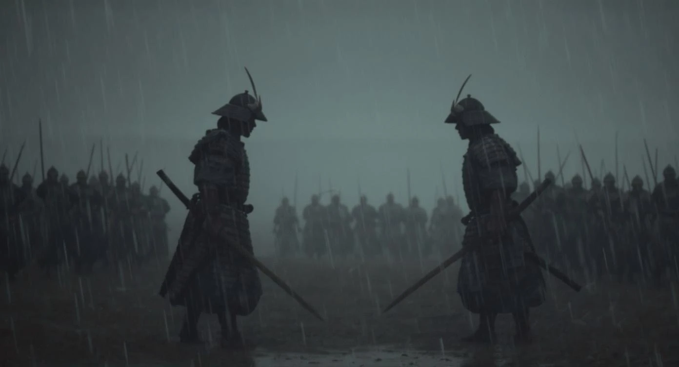 A cinematic scane from 1185, Wide shot of a two japan samurai face to face ready to fight during rain, deph composition, tense atmosphere, captured by by arri alexa, film directed by wes anderson emoji