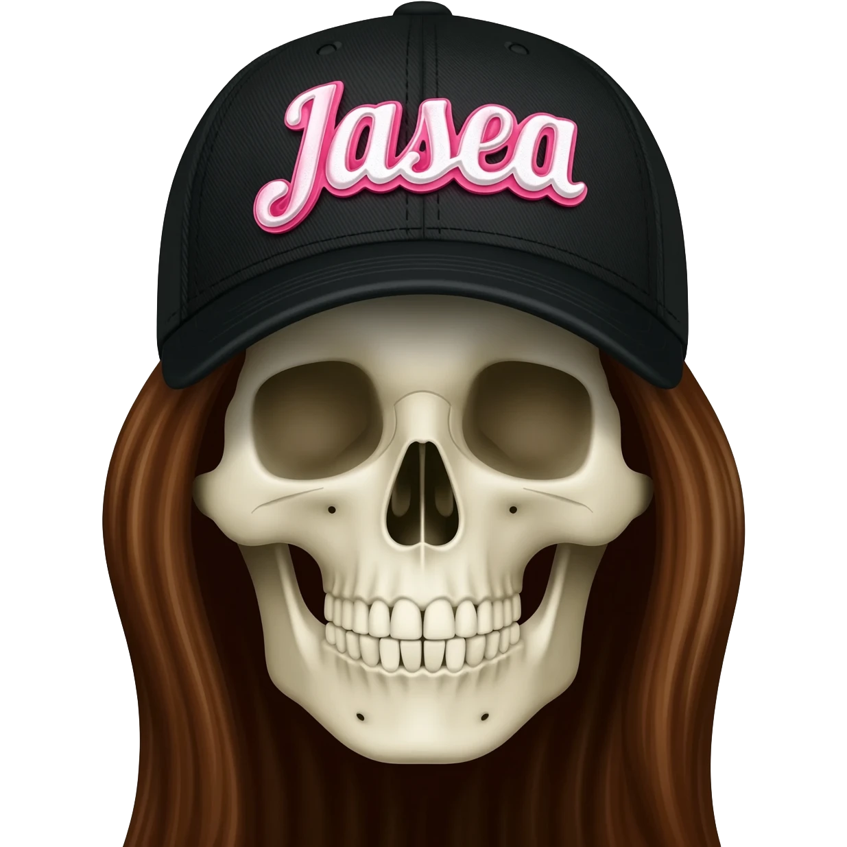 Create a skeleton head wearing a black baseball cap that says " Jasea " in pink, and white lettering, with long brown hair emoji