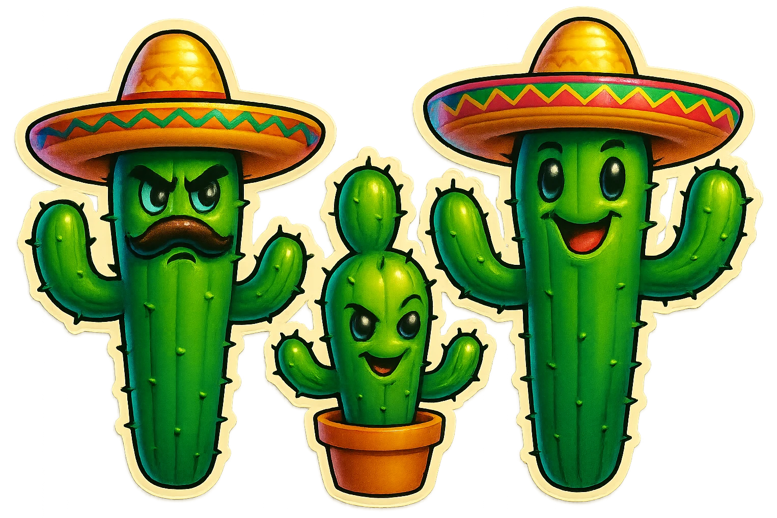 Edit the trio of cactuses with Mexican hats: make one cactus have a mustache and look angry, one cactus look sly or naughty, and one cactus look happy. Keep the background transparent. emoji