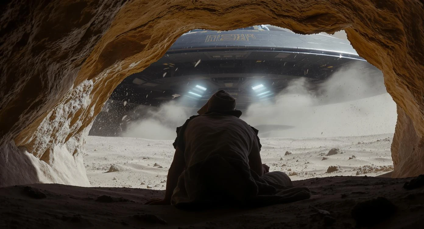 cinematic still, documentary photography, acient egypt, back shot of a man dress in ancient clothes in cave (frame in frame effect) on ground laying front of ufo starship, sand flying around, dynamic scane, leading lines, captured by arri alexa emoji