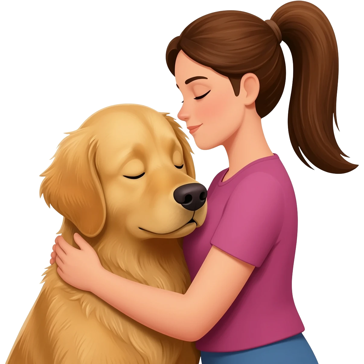 woman using ponyhair brownhair is hugging a golden retriever dog emoji