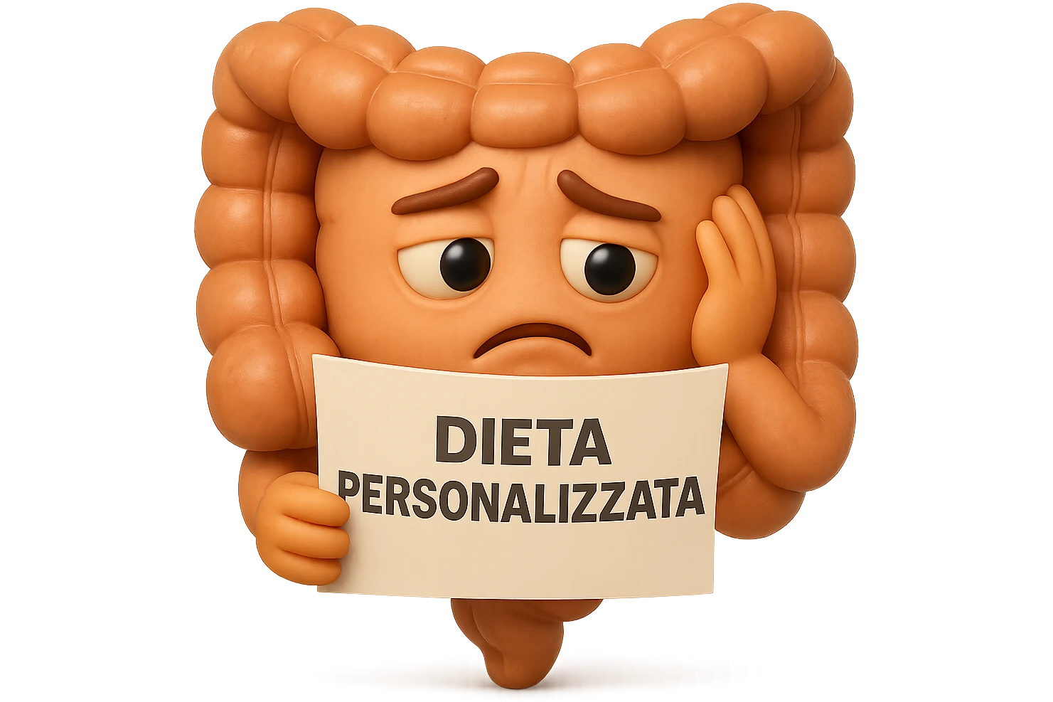 emoji stile iphone 3d di un intestino con mal di pancia che legge un foglio con la scritta "DIETA PERSONALIZZATA", ESPRESSIONE PENSIEROSA, iperrealistico 4k emoji