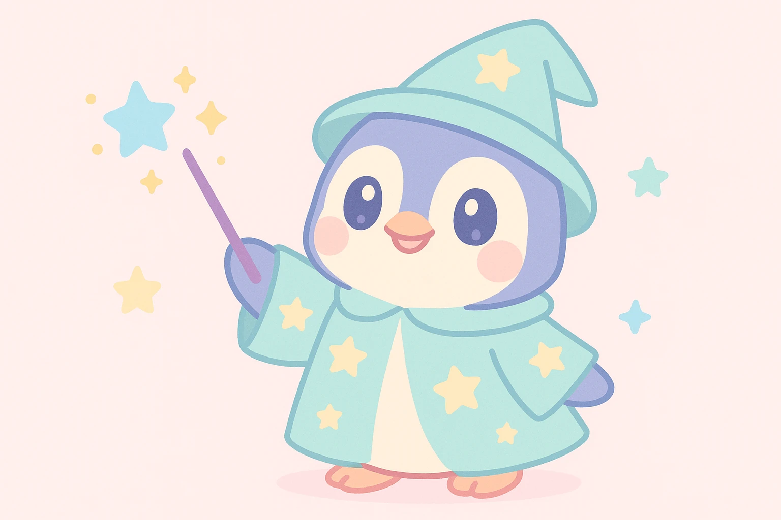 a cute penguin wizard casting a sparkling spell, wearing a starry robe and hat emoji