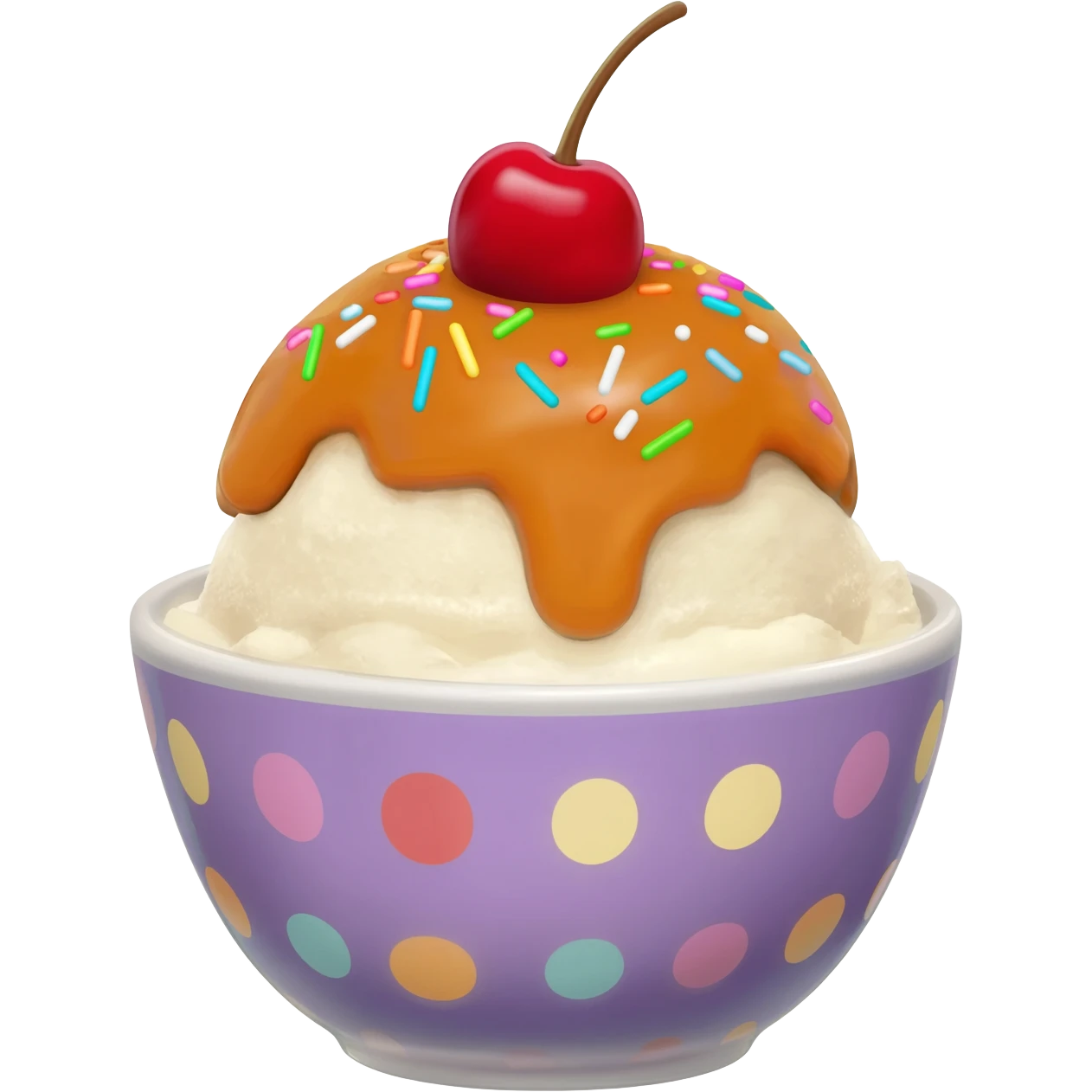 Hyperrealistic ice-cream sundae with caramel sauce, colorful and sparkly sprinkles,  with a cherry on top, in a plauful patterrned bowl, extremely detailed, high quality, isolated, 3D rendering, 8k hd, 600 dpi. No emoji icons, no emoji faces, no human figures  emoji