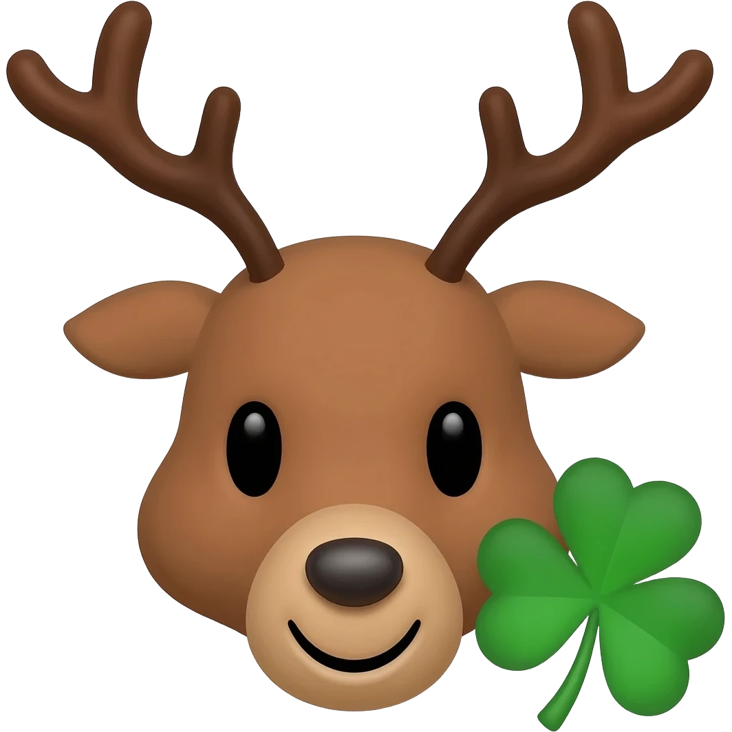 Fröhlicher elchkopf mit schaufeln und mit einem Glücksklee neben dran emoji