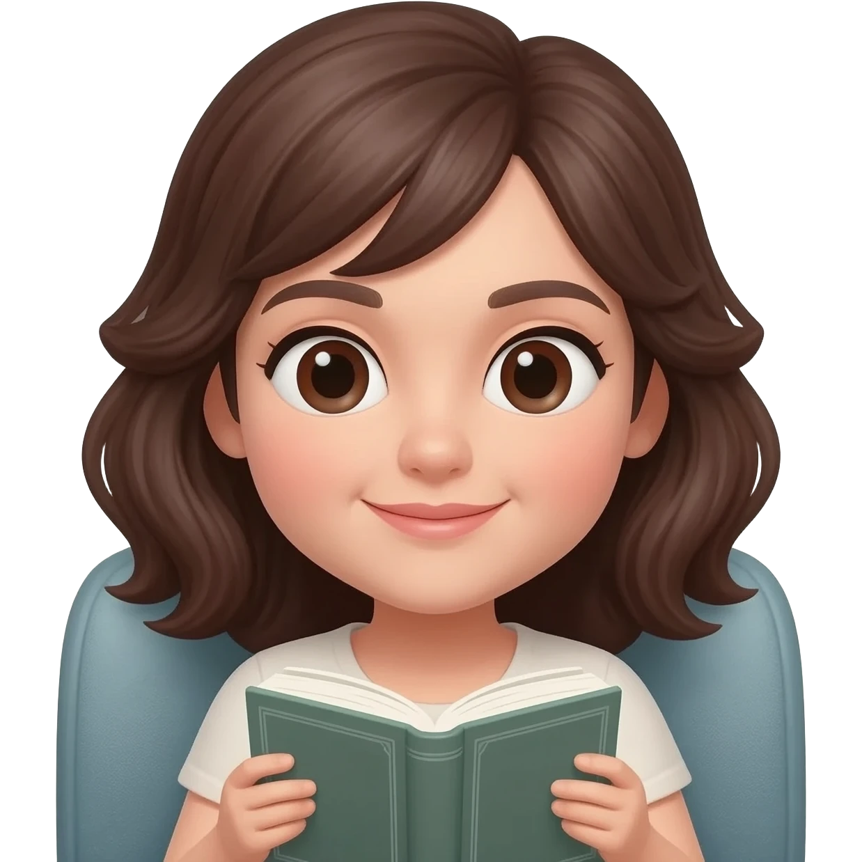 woman with dark brown hair sitting in a chair with book emoji