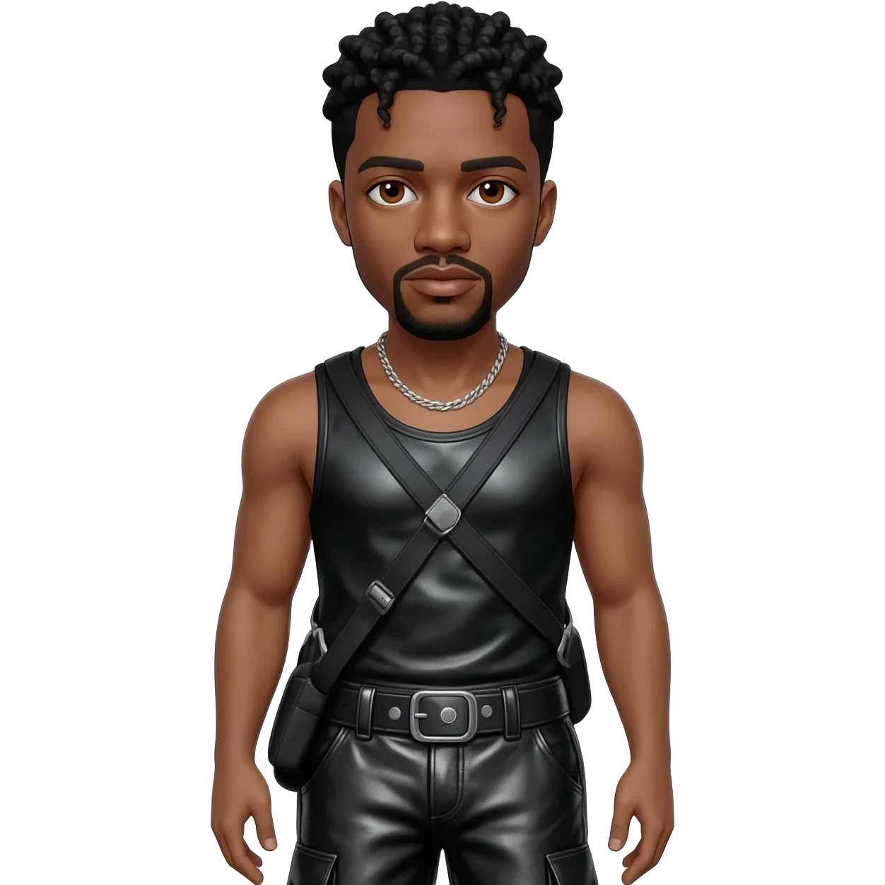 Usher with brown eyes, black hair, black metallic boat tank top, black metallic baggy pants, silver necklace emoji