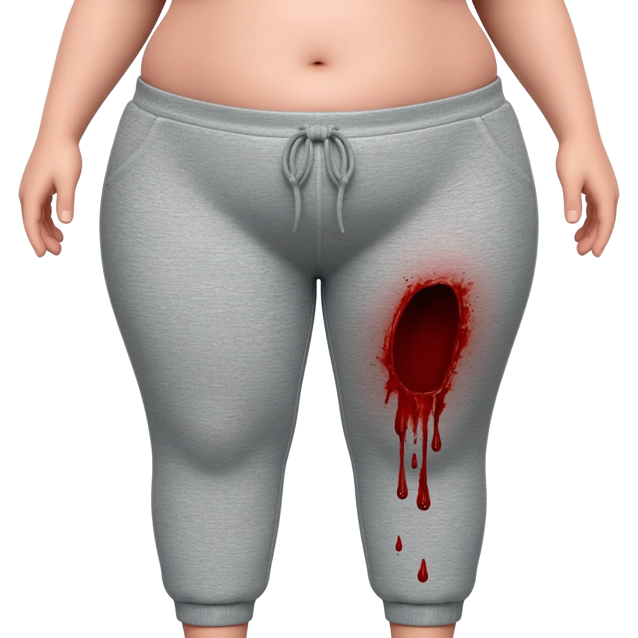 chubby girl fullbody with face with grey sweatpants on and blood dripping down like period blood from the genital area  to inside thigh emoji