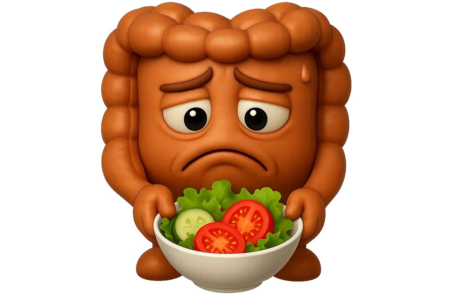 EMOJI STILE IPHONE DI UN INTESTINO UMANO ANATOMICO CHE GUARDA UN INSALATA CON ESPRESSIONE TRISTE E RASSEGNATA IN VOLTO: SOFFRE LA FAME PERCHé è A DIETA, FAGLI ANCHE LA PARTE BIANCA DEGLI OCCHI, NON SOLO LE PUPILLE, IPERREALISTICO 4K emoji