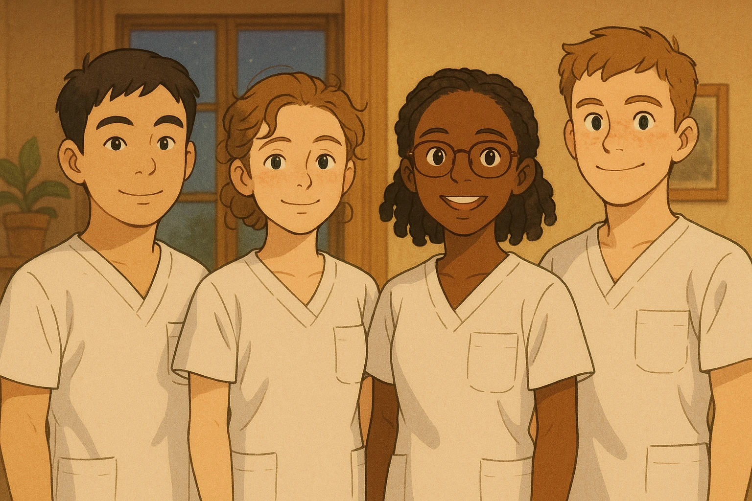 Four nursing students standing side by side, inspired by four referenced faces, wearing white short-sleeve uniforms without collars, no undershirts or stethoscopes. Medical tunic tops with V-neck and left chest pocket. Warm indoor ambiance, Ghibli style. emoji