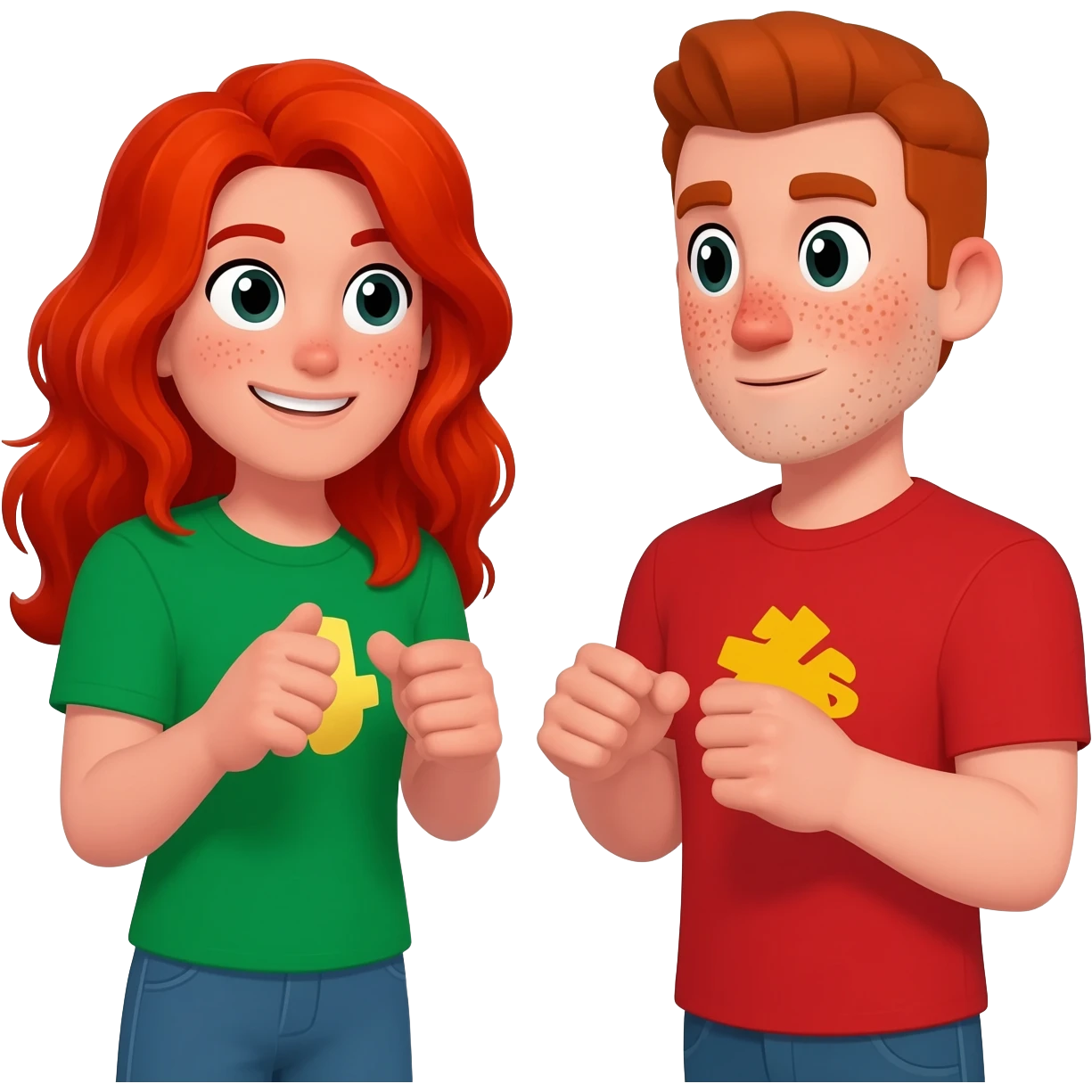 a redhead with long hair a guy with freckles. Straight hair. Playing brawl stars with a green and red t shirt emoji