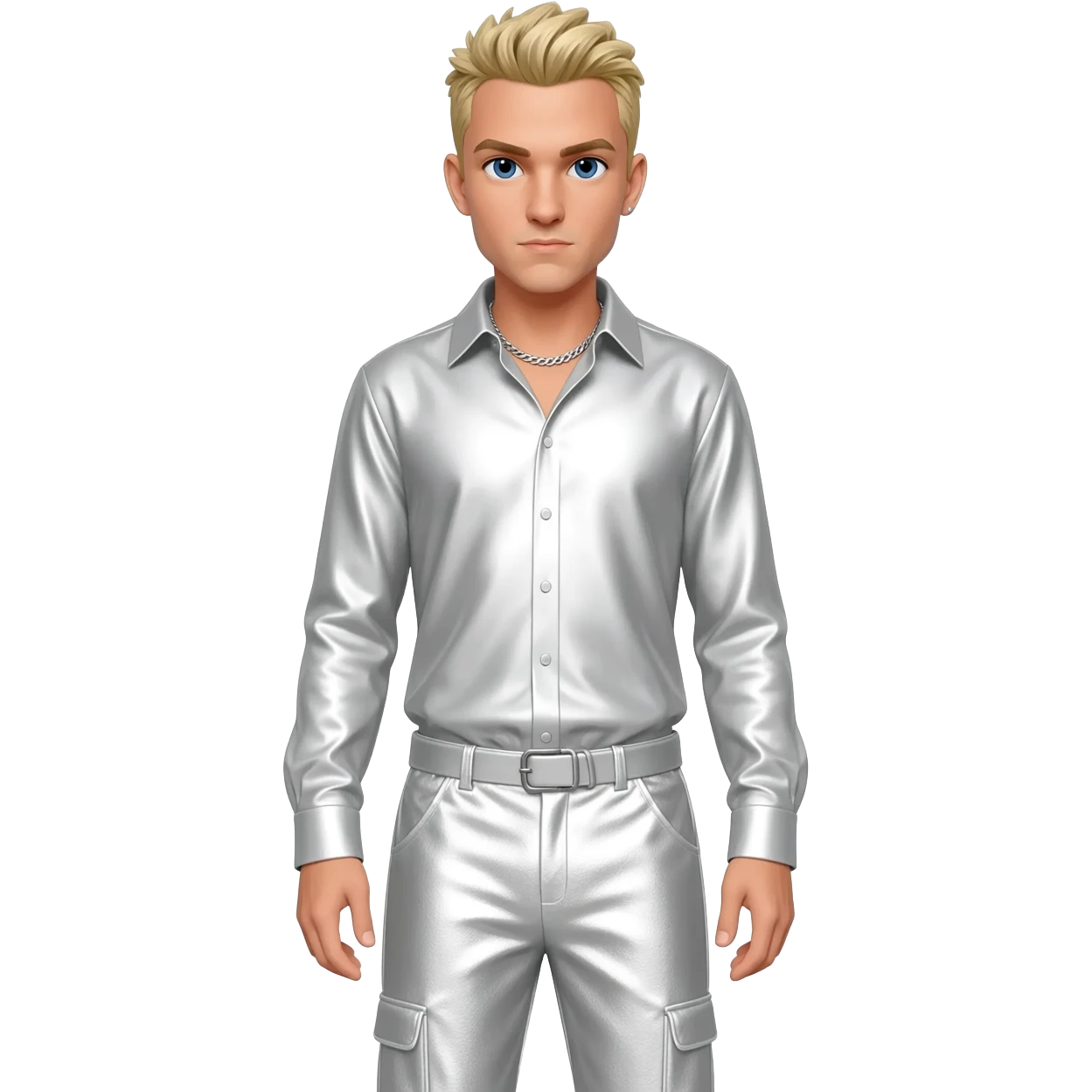 Nick Carter from Backstreet Boys with blue eyes, blonde hair, white metallic shirt, white metallic baggy pants, silver necklace emoji