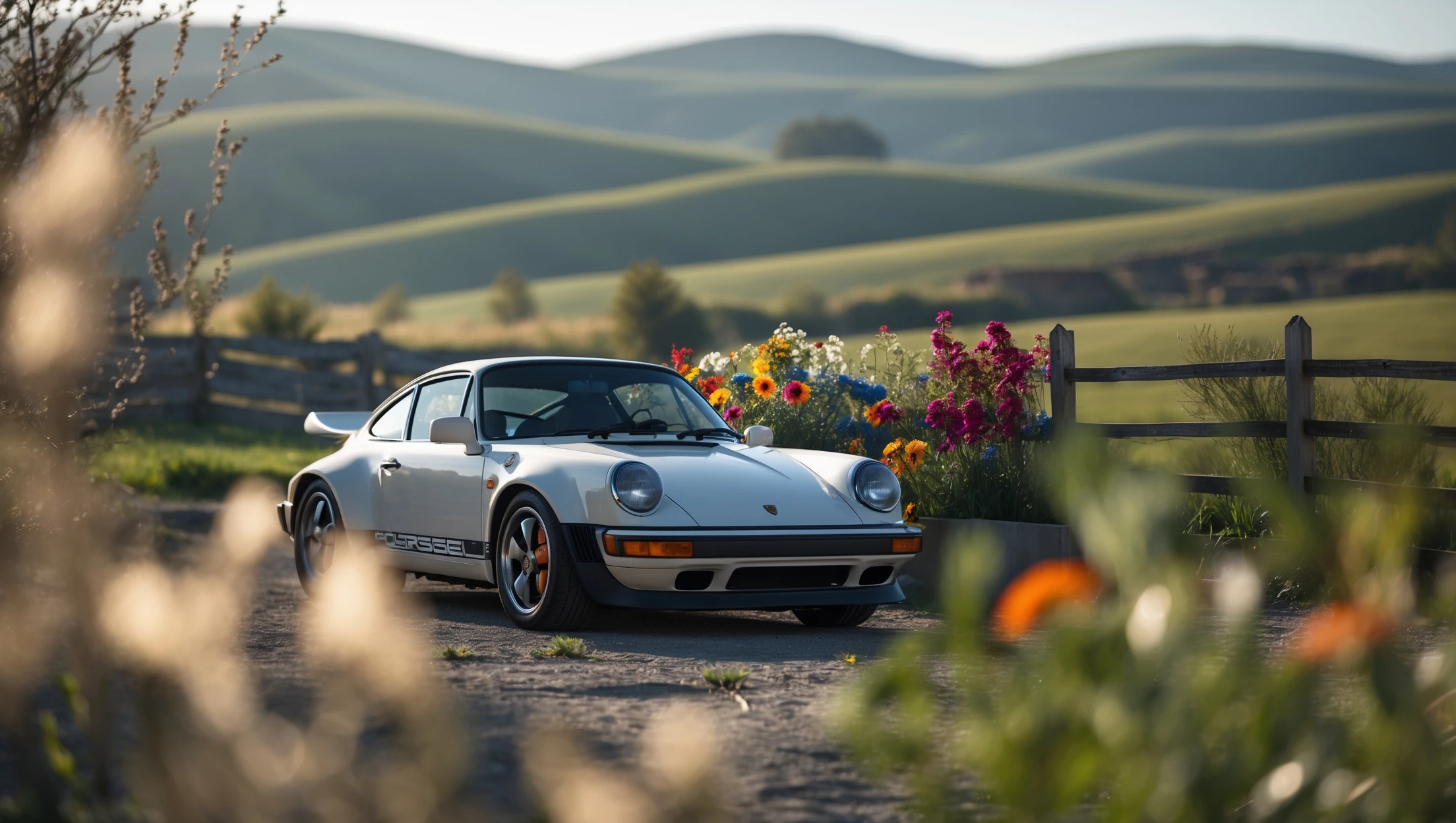 A portrait of a white person next to porsche 911 in the foreground, blurred plants in the foreground, a wooden fence and colorfull flowers in the midground, rolling hills in the background, cinematic depth of field, layered composition, natural lighting emoji