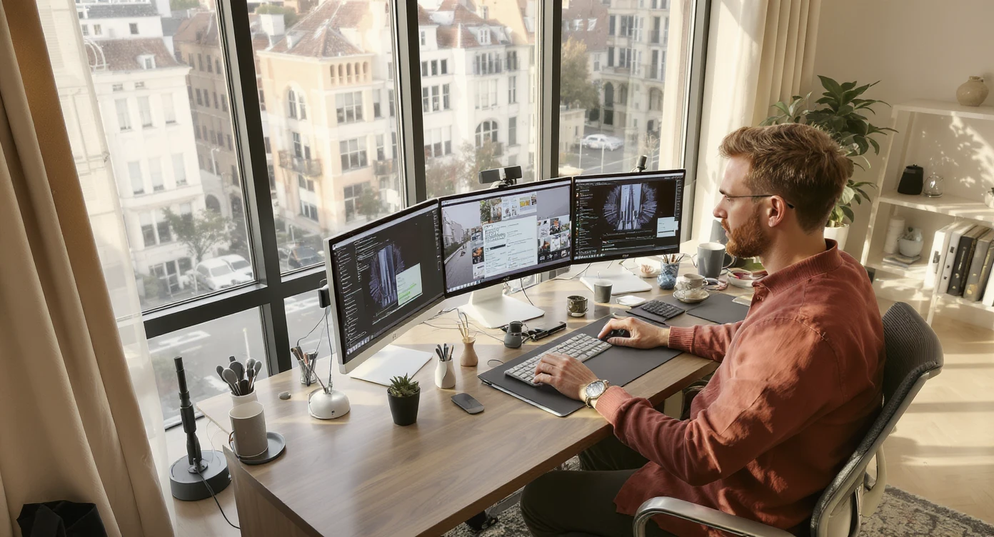 Cinematic shot of a creative director work on tripple display setup PC, top dutch angle, Warm bright vibe, modern clean expensive huge room minimalistic apartament, model is dress like designer, morning, big window, captured on arri alexa emoji