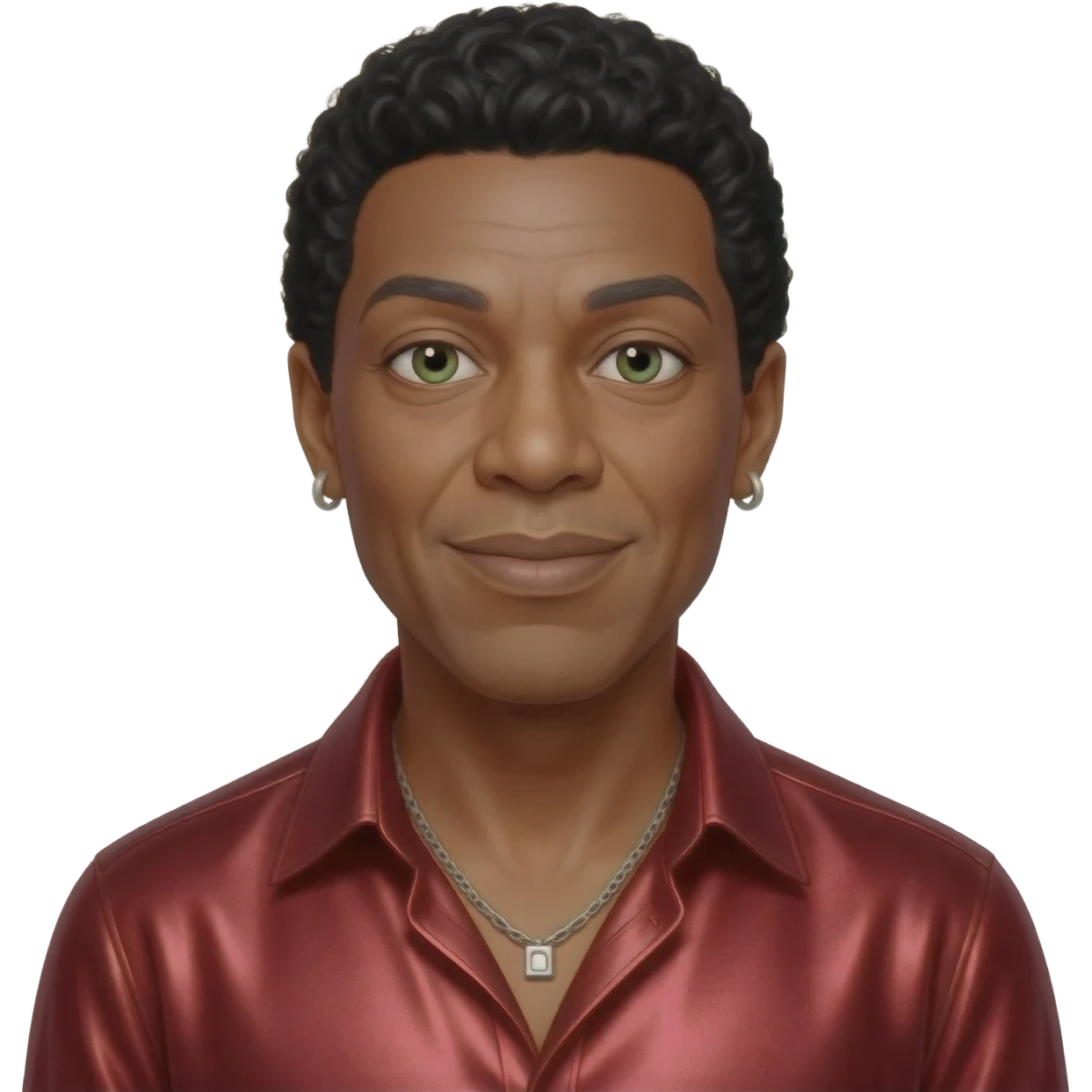 Smokey Robinson with hazel-green eyes, black hair, ruby red metallic shirt, silver necklace and short earrings emoji