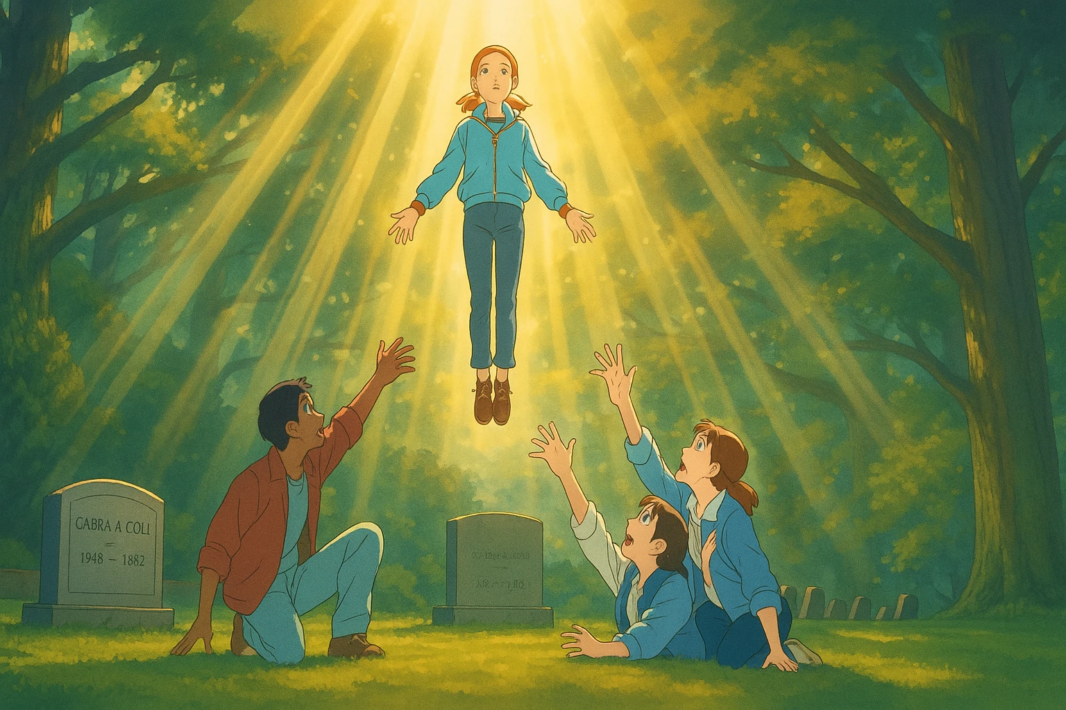 Max from Stranger Things levitating higher above the ground, dramatic light rays shining down, friends reaching out to her, Ghibli style, wide aspect ratio (16:9), magical and emotional mood. emoji