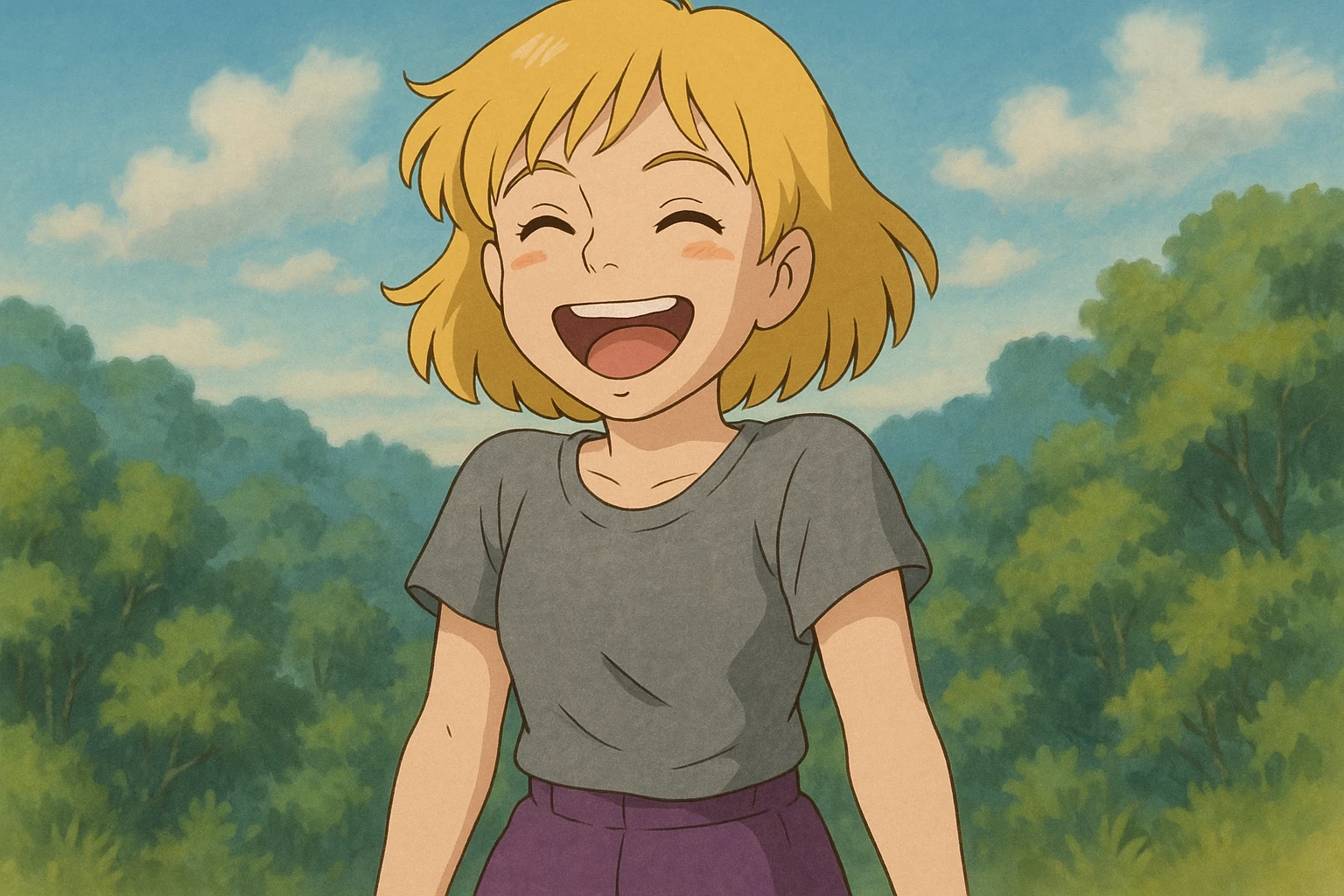 A girl yellow hair brown eyes grey Women's just t's short triblend t-shirt purple trousers laughing emoji