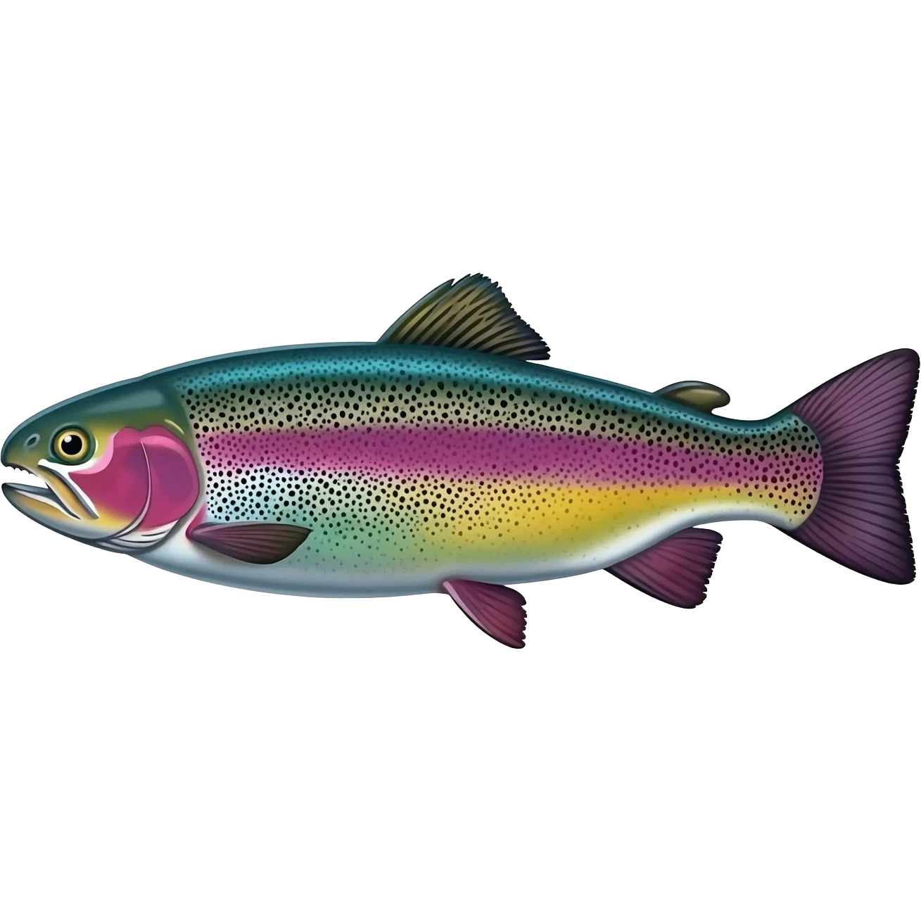 realistic rainbow trout fish bright purple blue green yellow white with black speckles emoji