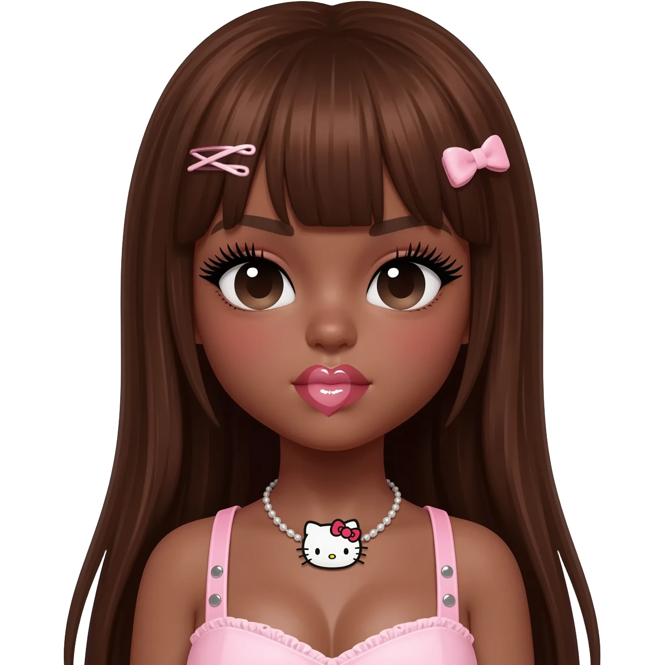 heart shaped lips, cute glossy lips, doll eyes with long lashes, dark brown skin, long brown hair, big chest, hello kitty necklace, one bow clip, bimbocore outfit emoji