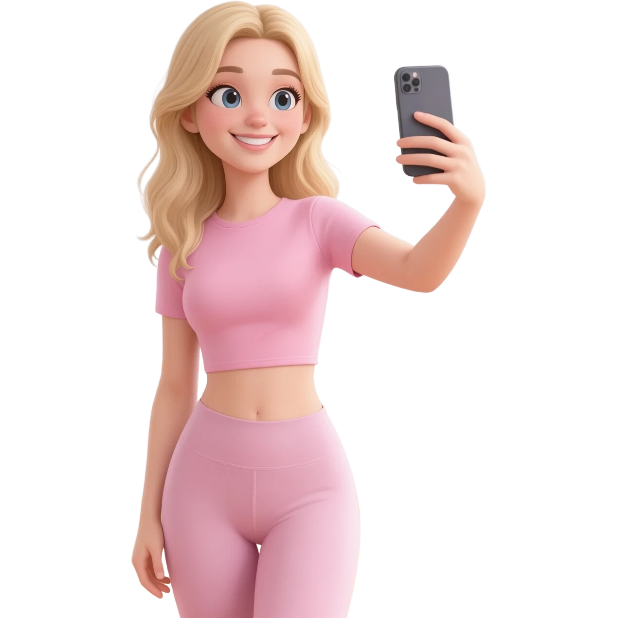 A blond girl wearing a pink workout set which is fitted tshirt pink, and wide leg leggings that are flowy on a hip trust  that is posing and taking a selfie in the gym in front of mirror emoji